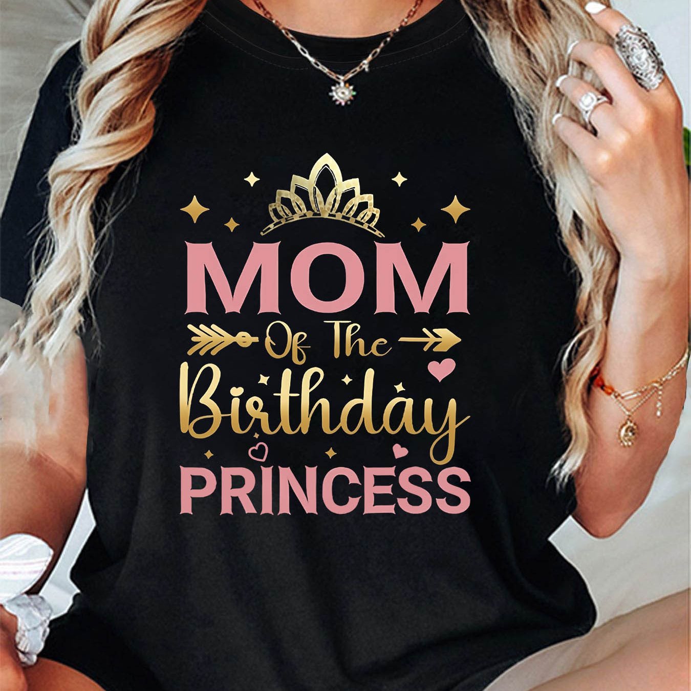 TEMU Plus Size, Mom Of The Birthday Princess Letter Print Plus Size Women's T-shirt, Short Sleeve Crew Neck Casual Top For Summer & Spring, Women's