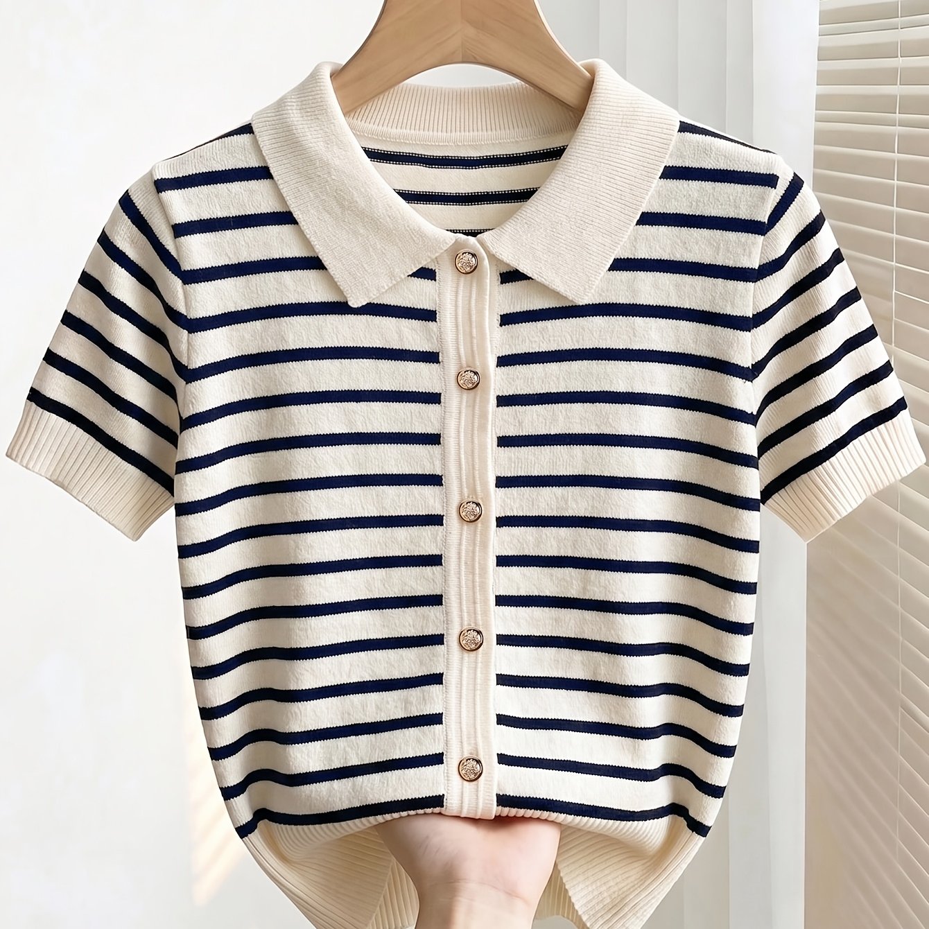 TEMU Women's Nautical Striped Collar Short Sleeve Cardigan, Summer Casual Slim-fit Cropped Single-breasted Sweater, Versatile Daily Top Zllz