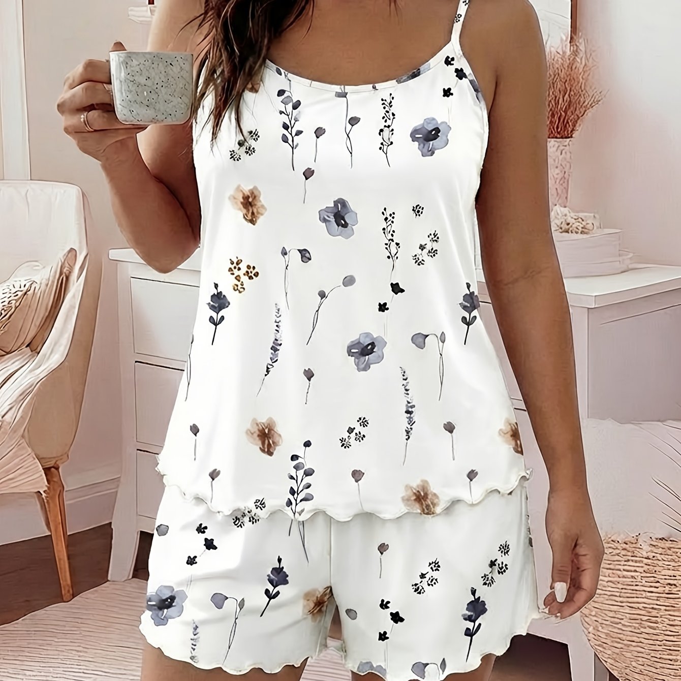 Summer Women's Floral Print Cami Shorts Casual Pajama Set