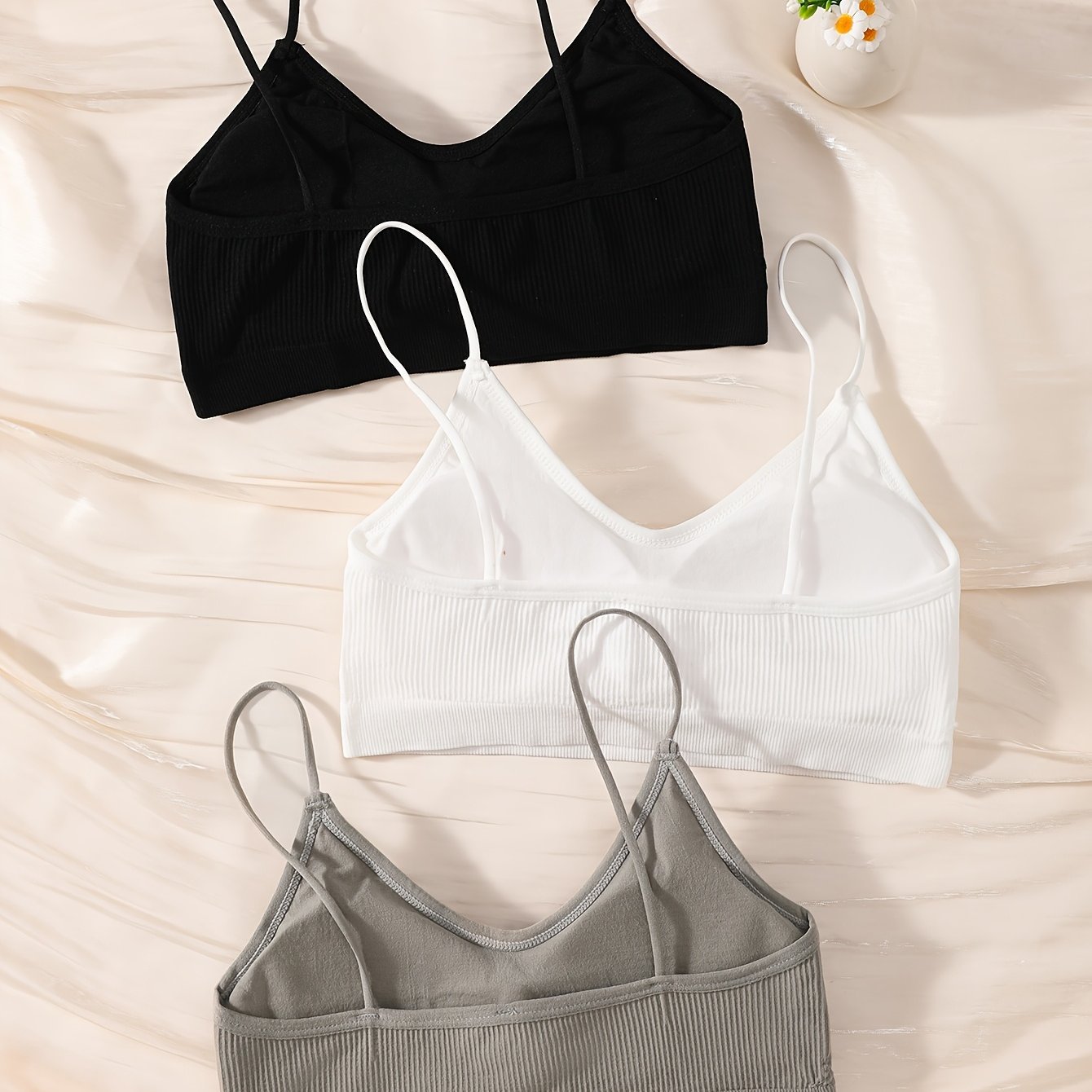 Image of 3pcs Women' Wireless Bra Set - Removable Padding, Backless , Black, White, Gray, Comfortable Daily Underwear, Easy Design, Soft Material Construction