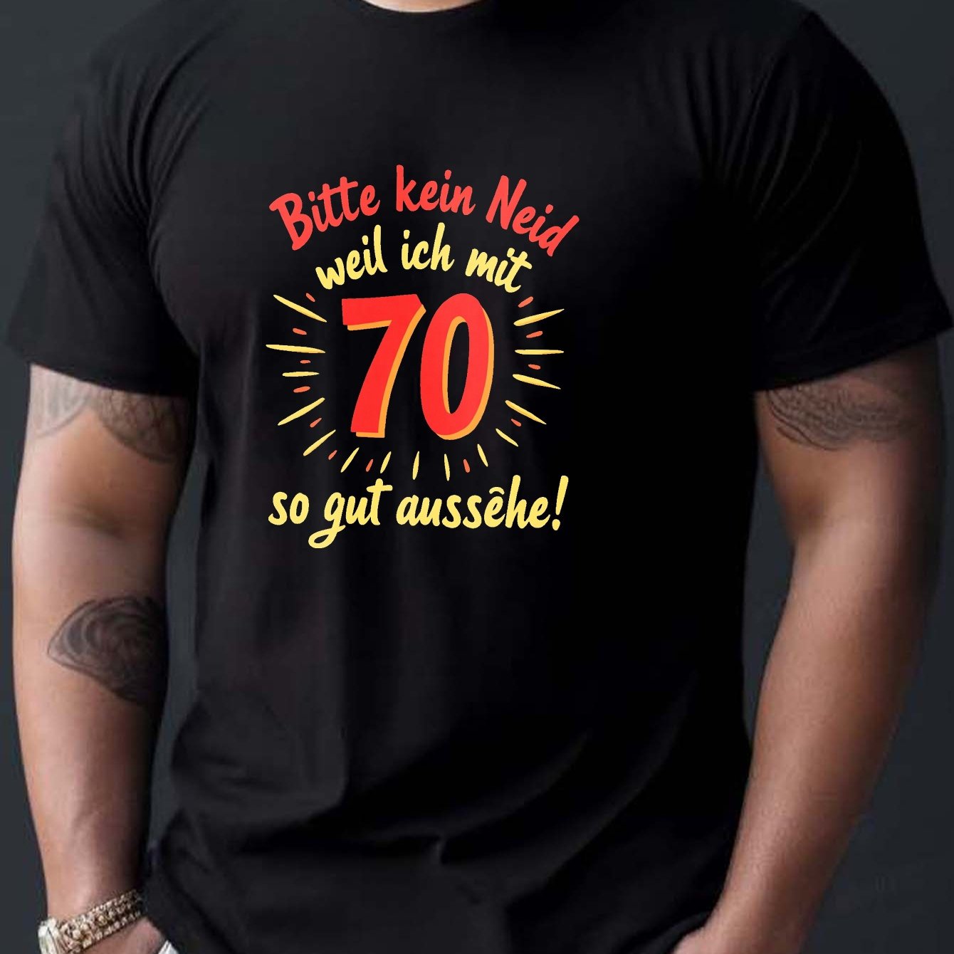 Men's German Please 70th Birthday T-shirt - German Text Print Round Neck Short Sleeve Casual Shirt, Suitable For Summer & Wear, Machine Washable Birthday Gift For, Husband, Men