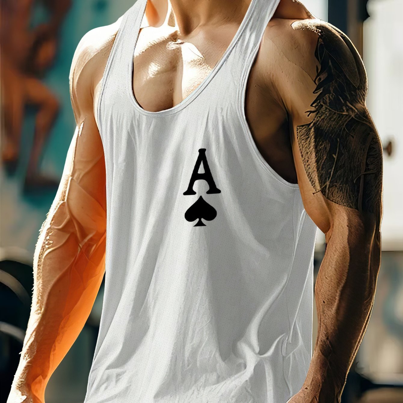 TEMU Men's Plus Size Breathable Sleeveless Shirt - Loose Fit Thin Strap Spade A Print Workout Top, Black Athletic Tank For Gym, Training & Summer