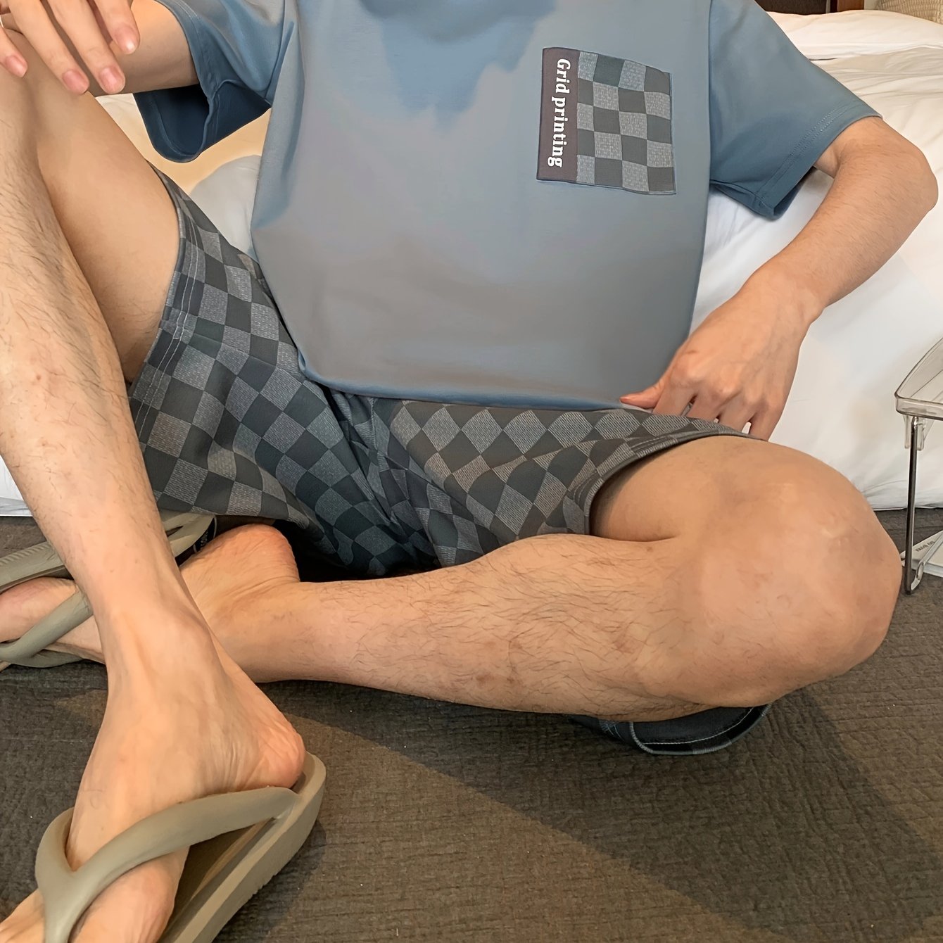 Image of Men's Stylish Pajamas For Summer, Lightweight Short-sleeve Casual Checkered Loungewear Set For Teenagers