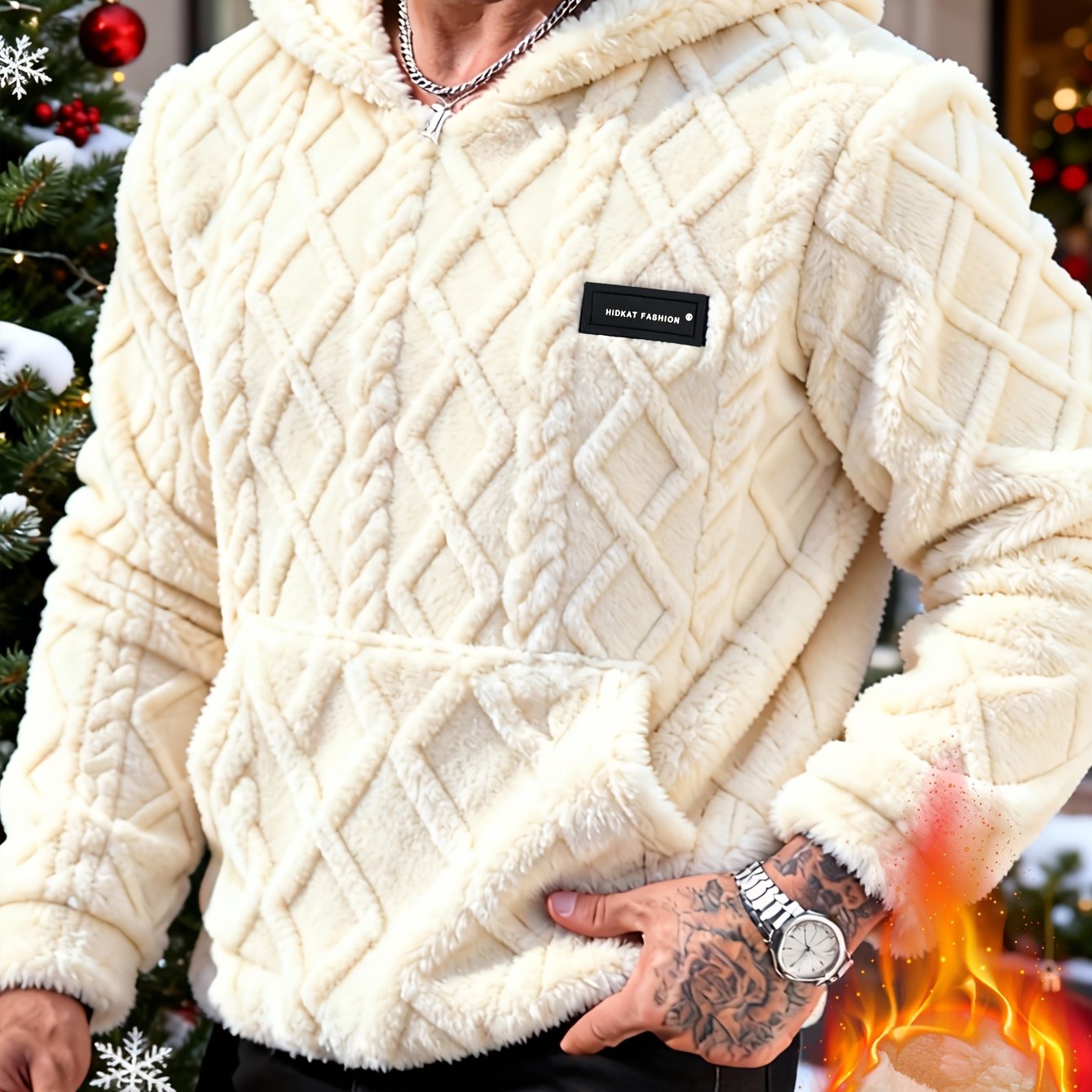 Image of Men's Autumn Winter Christmas Pajamas Fashion Casual Fleece Hooded Loose Sweatshirt Plush Jacquard Fabric Suitable For Daily Casual Wear