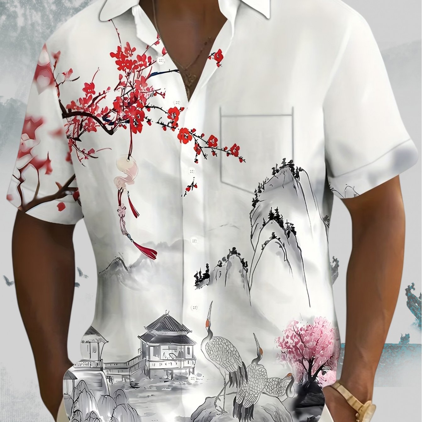 TEMU Men's /east Asian Ink Wash Art Button- Shirt - Lightweight Polyester Short Sleeve Collar Shirt Suitable For Summer Vacations, Casual Wear &