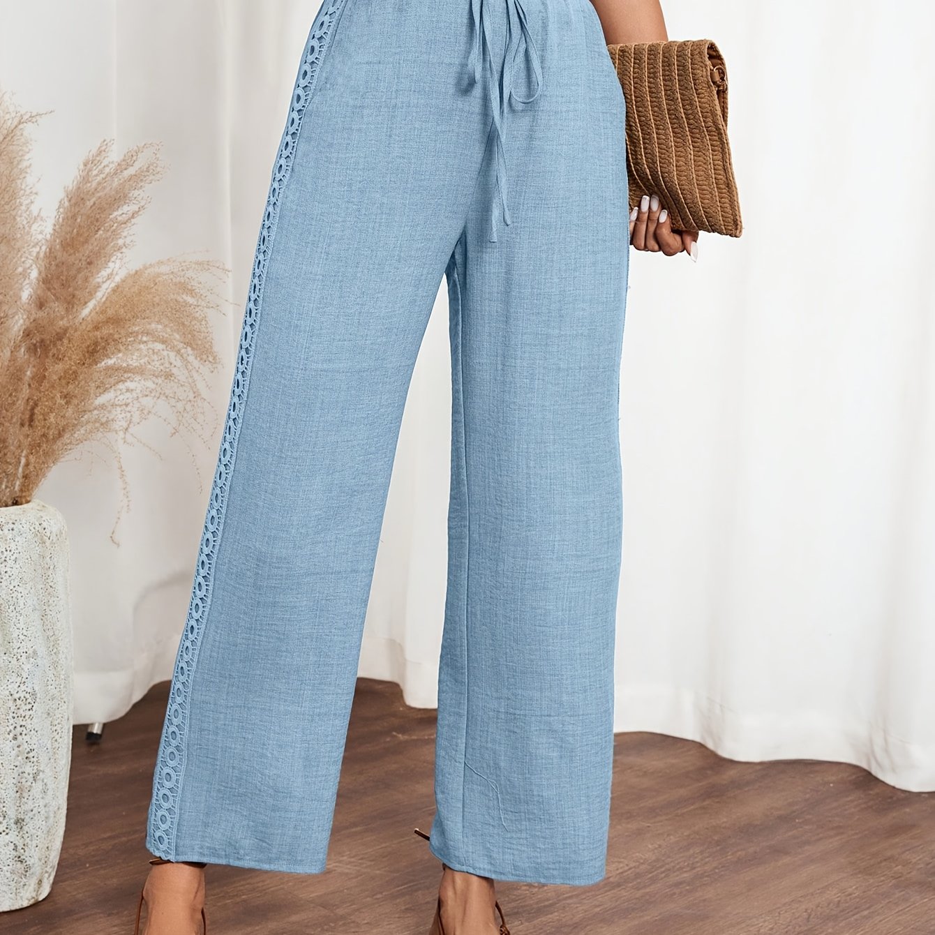 TEMU Pantalon long pour femmes, bordure latérale en dentelle, tenue décontractée, pantalon ample