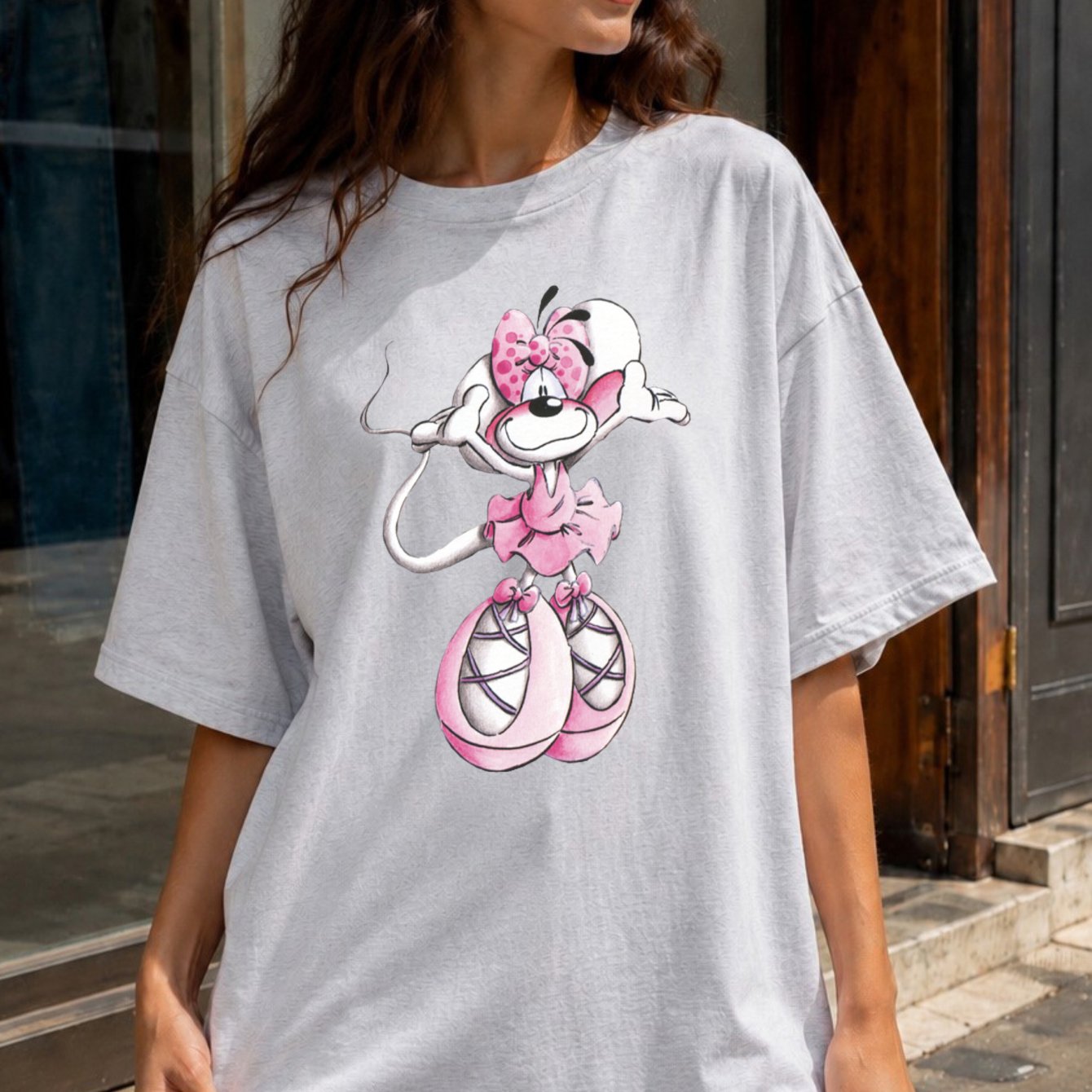 Image of Cartoon Ballerina Mouse Print Neutral T-shirt Casual Short Sleeve Light Gray Oversized Fit Daily Wear Tee Casual T-shirt Fashionable Tee Summer Tee