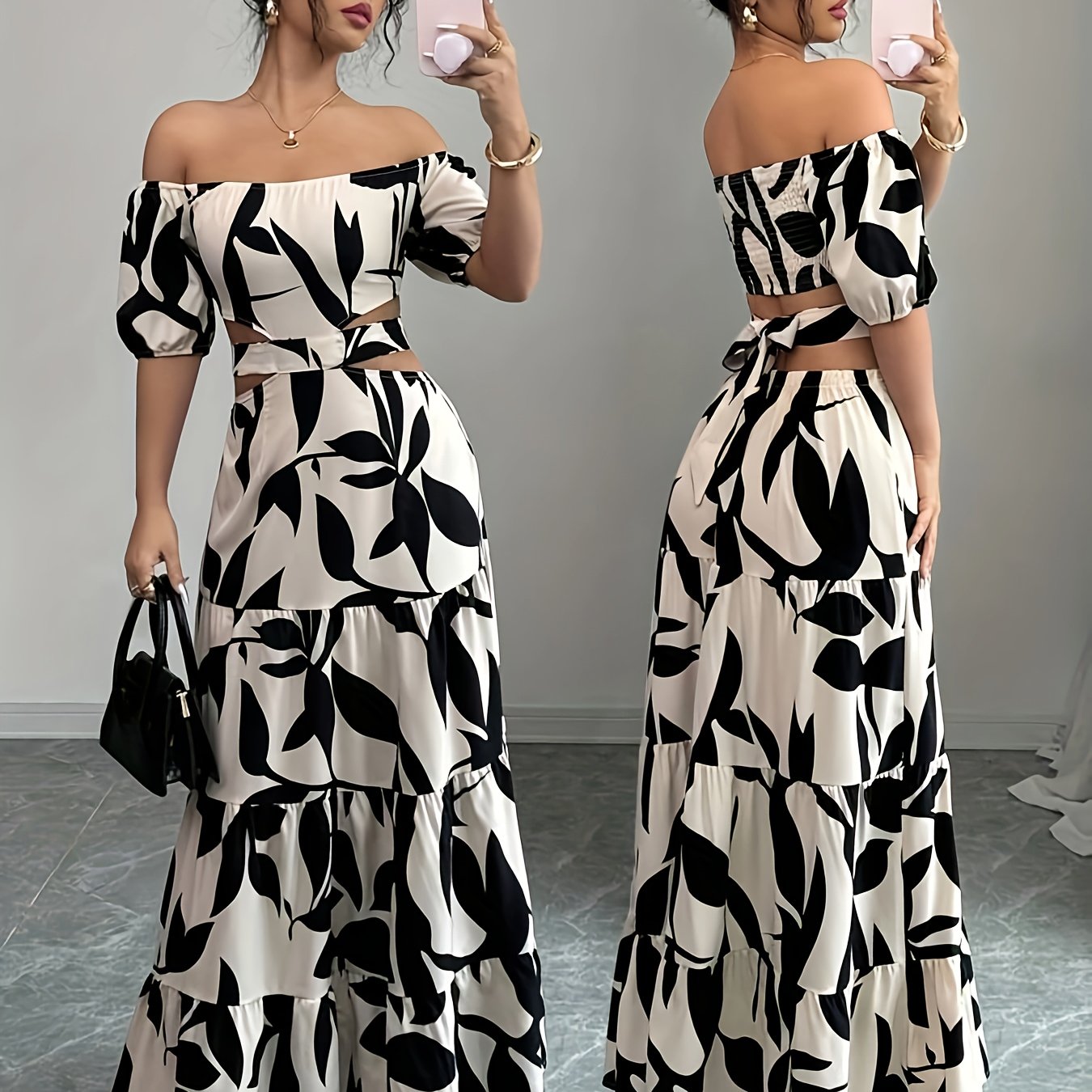 Image of Women's Off-shoulder Floral Print Maxi Dress With Belt - Elegant Asymmetrical Hem, Sleeveless Vacation Dress Floral Pattern, Lightweight Polyester For , Cute Summer Dresses