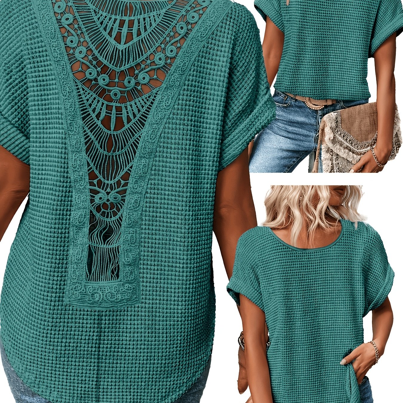 E-shop Damen Sommer-T-Shirt in Übergröße, lässig, mit Spitzen-Patchwork, Rundhalsausschnitt kurzen Ärmeln