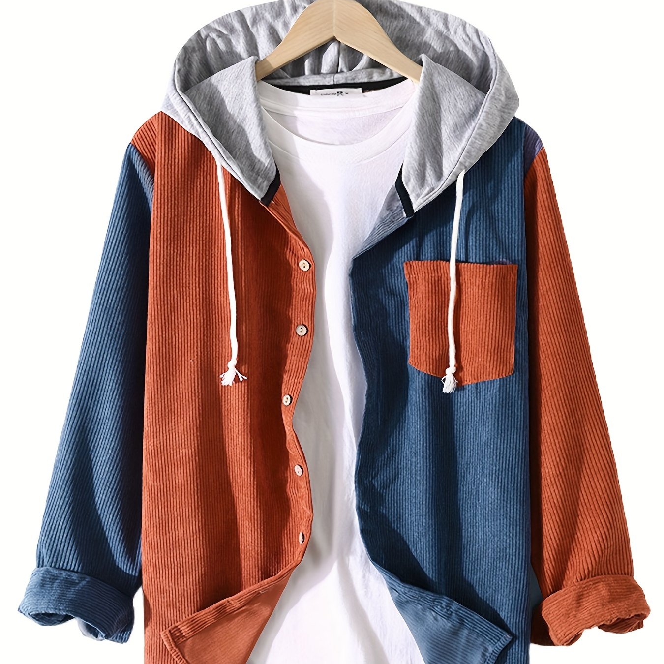 Men's Corduroy Hooded Color Block Sweatshirt Casual Long - Temu Denmark