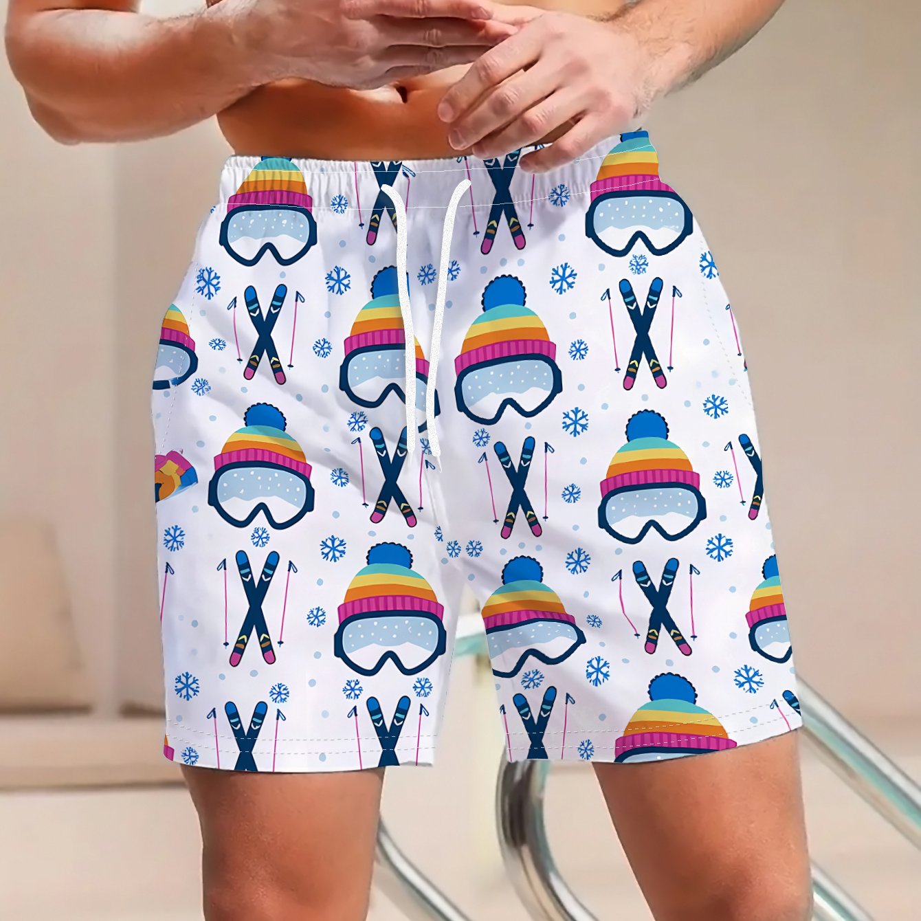 TEMU 's Casual Shorts, Ski Gear And Ski Hat, Full Background, Versatile For Holiday Parties And Commuting, Machine Washable Polyester Fiber Fabric,