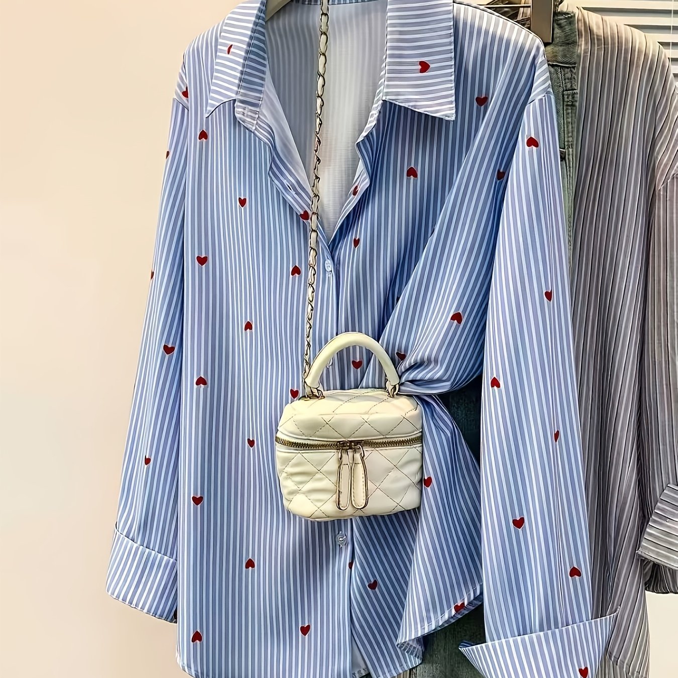 TEMU Chemise à rayures pour femmes avec col polo et imprimé cœur - Blouse décontractée à manches longues, pour , l'été et