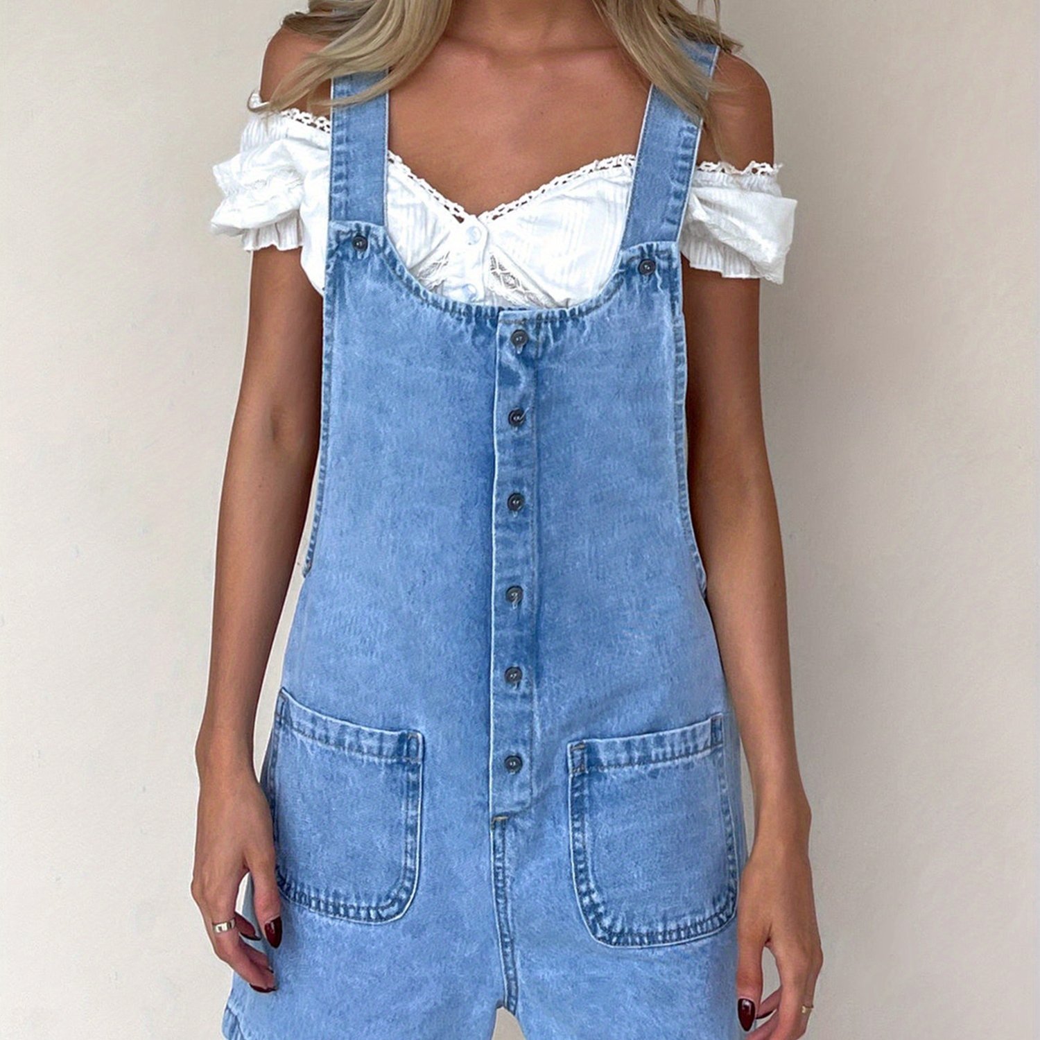 TEMU Women Denim Bib Overalls Shorts Solid Color Baggy Jean Button Jumpsuit Romper Pants With Pockets For Streetwear