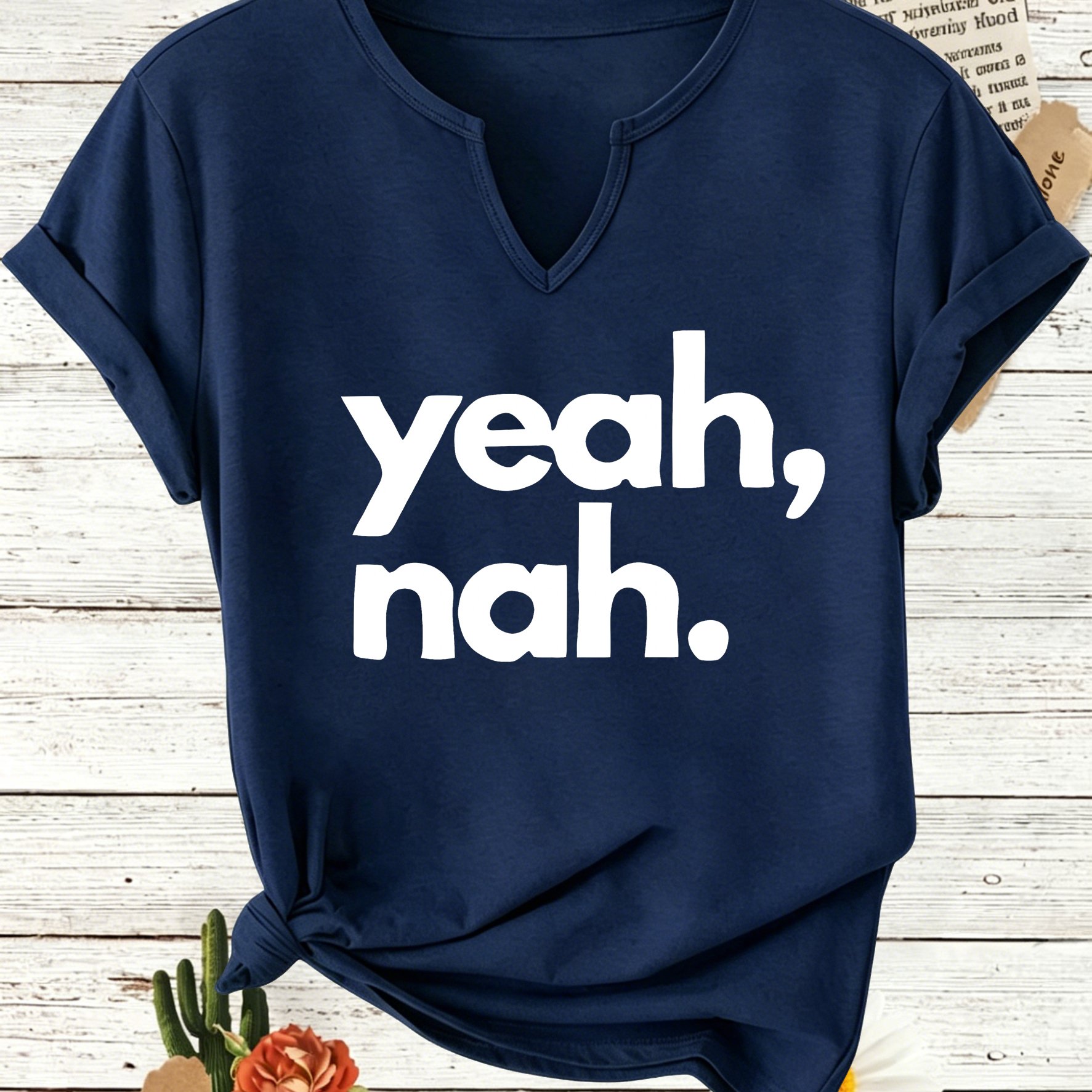 TEMU Women's Summer V-neck Short Sleeve T-shirt, Nah Minimal Sassy Text Slogan Graphic Tee, Casual Loose Basic Tops, Funny Easy Font Trend Print
