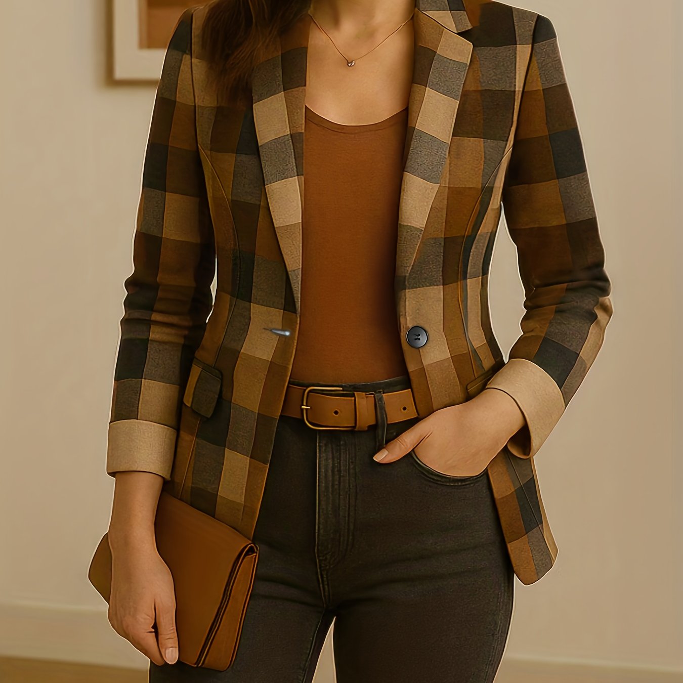 TEMU Novedad de otoño: Estilo de moda y elegante, estampado de cuadros de moda, diseño de un solo de botones que define la cintura, bolsillos