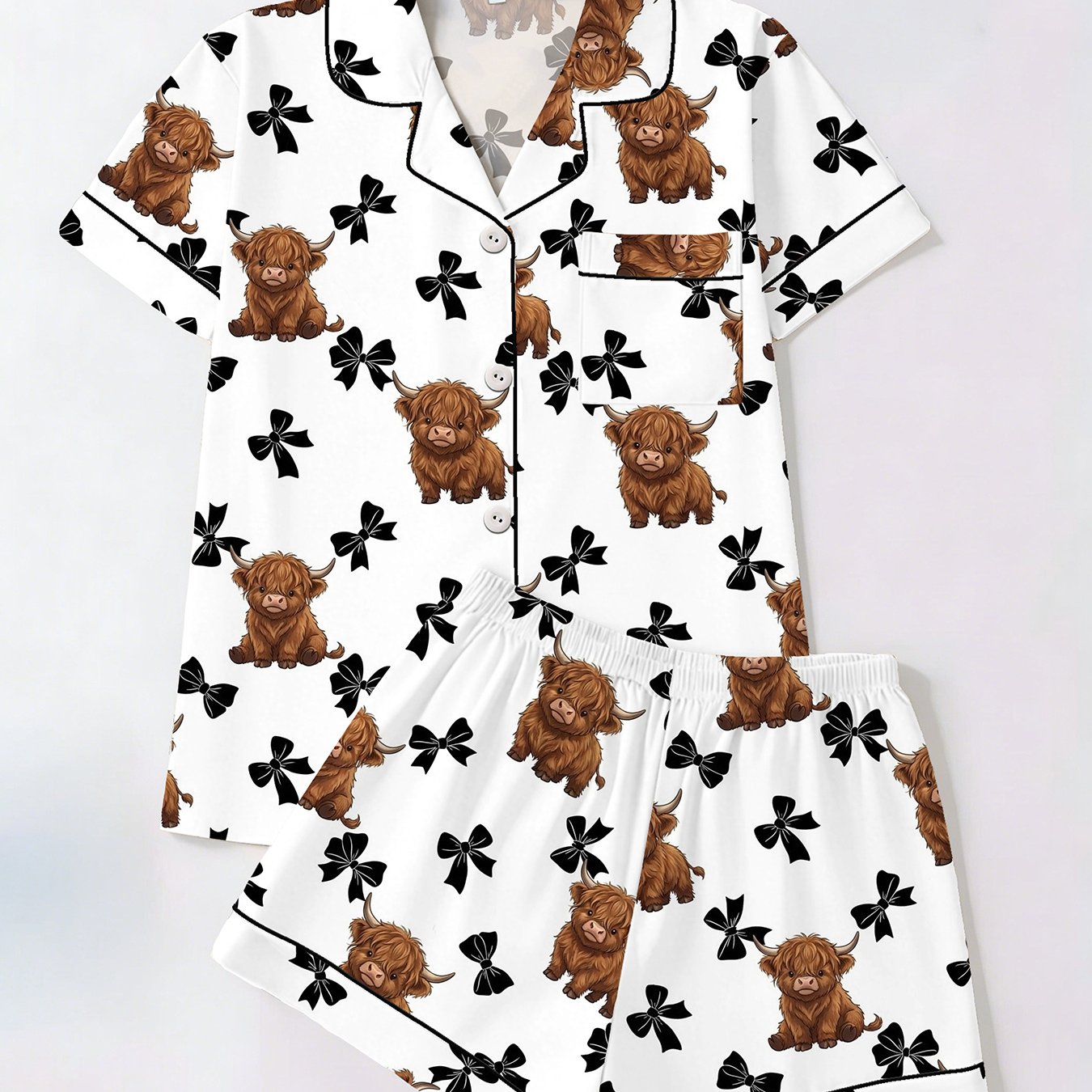 TEMU Spring Summer Pajamas Teenager's Cardigan Lapel Short Sleeve Shorts 2pcs Set White Background Highland Cow Black Bow Full Dress Pastoral Casual