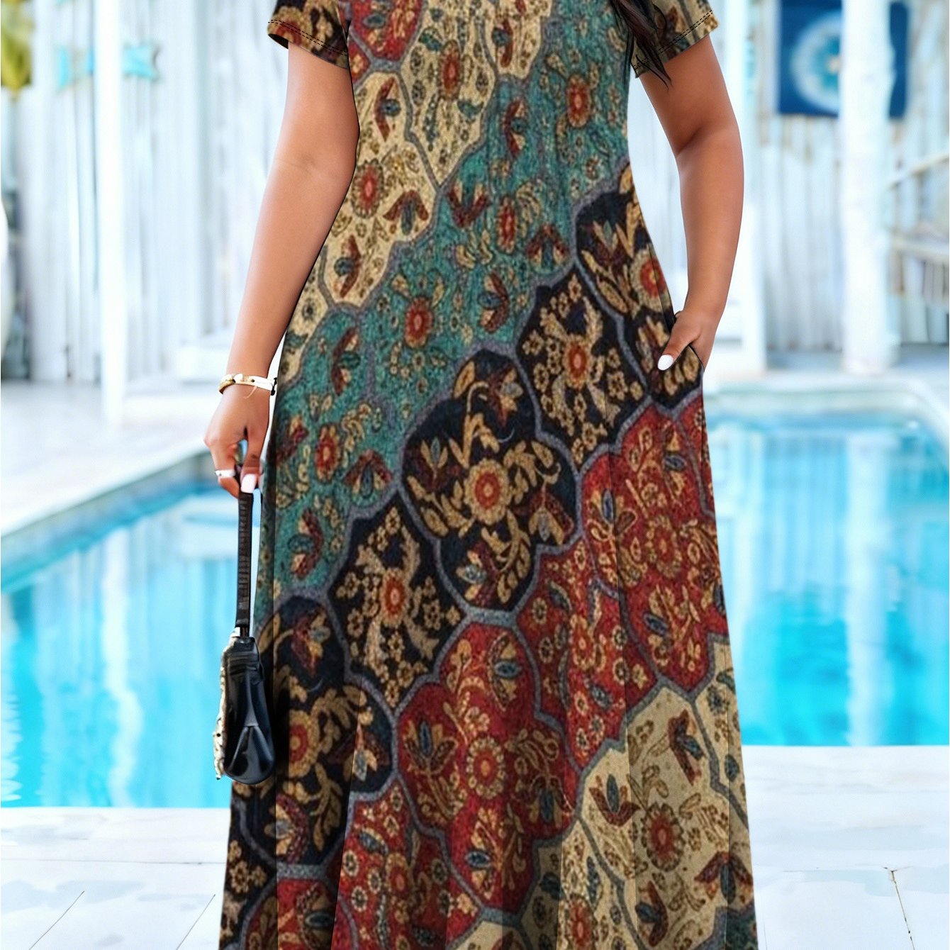 TEMU Plus Size, Vacation Spring And Summer New Retro Ethnic Style Printed Casual Commuting Versatile Size Women's Dress, Plus Size Vacation Dress,