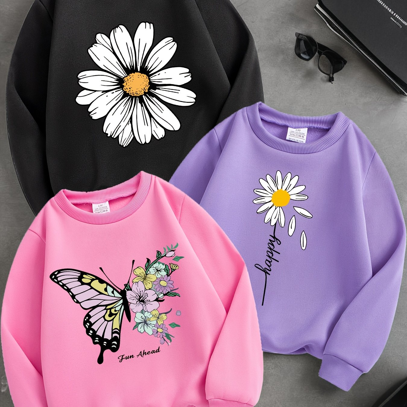 A Set Of 3 Girls' Sports Sweatshirts Featuring And Floral Prints, Comfortable And Stylish Long-sleeve Pullover Crewneck Tops