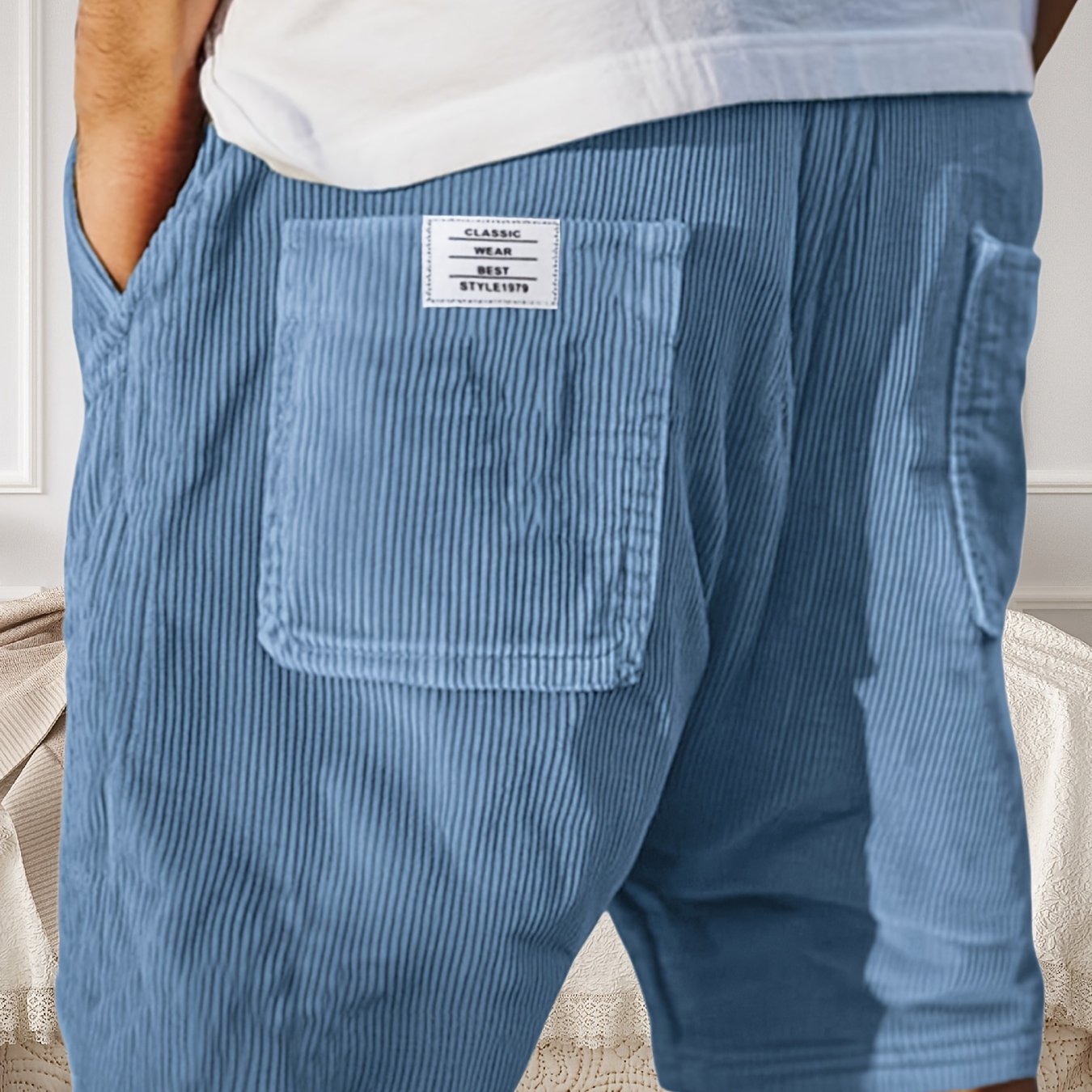 Image of Men's Vintage Corduroy Casual Shorts Drawstring Elastic Waist Striped Short Pants Men Retro Loose Fit Summer Beach Outdoor Shorts Everyday Wear