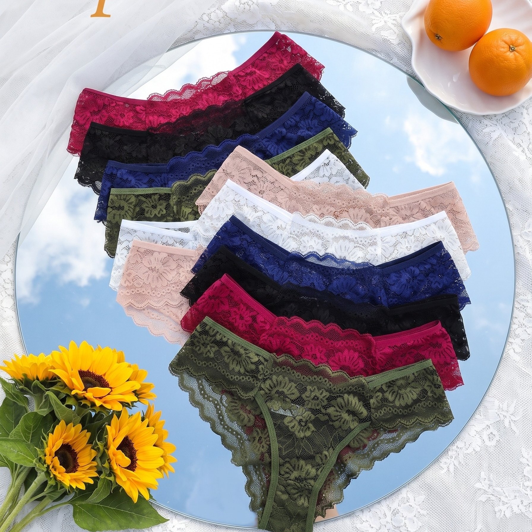 12-pack Women's Low-rise Bikini Underwear - Sheer Lace Panel Briefs With Semi- Lower Panty, Lingerie ( Pack For ) - Hand Washable Solid Color For Swim & Casual Attire - 12pcs