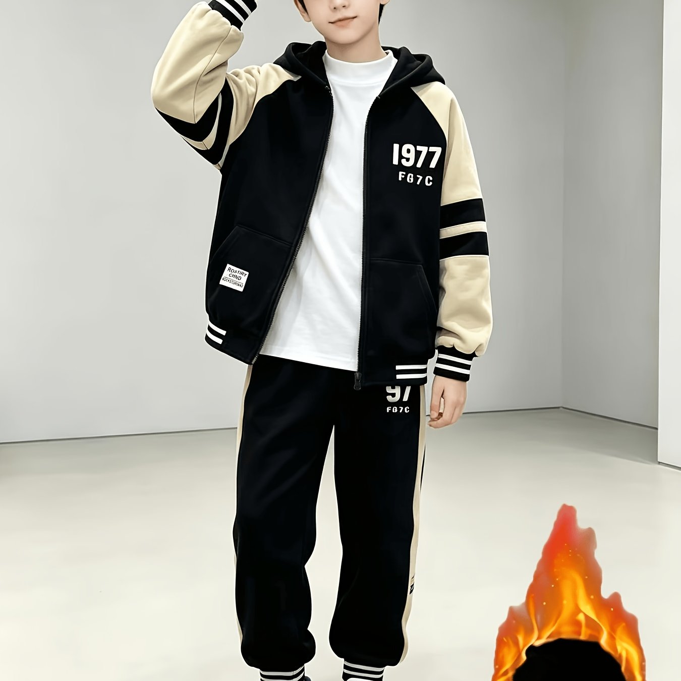 Image of Boys' 2pcss Set, Mid-big Kids Autumn Winter Fleece-lined Thick Warm Comfortable Hooded Cardigan Top And Fleece-lined Tapered Pants 2pcss Set, For Outdoor