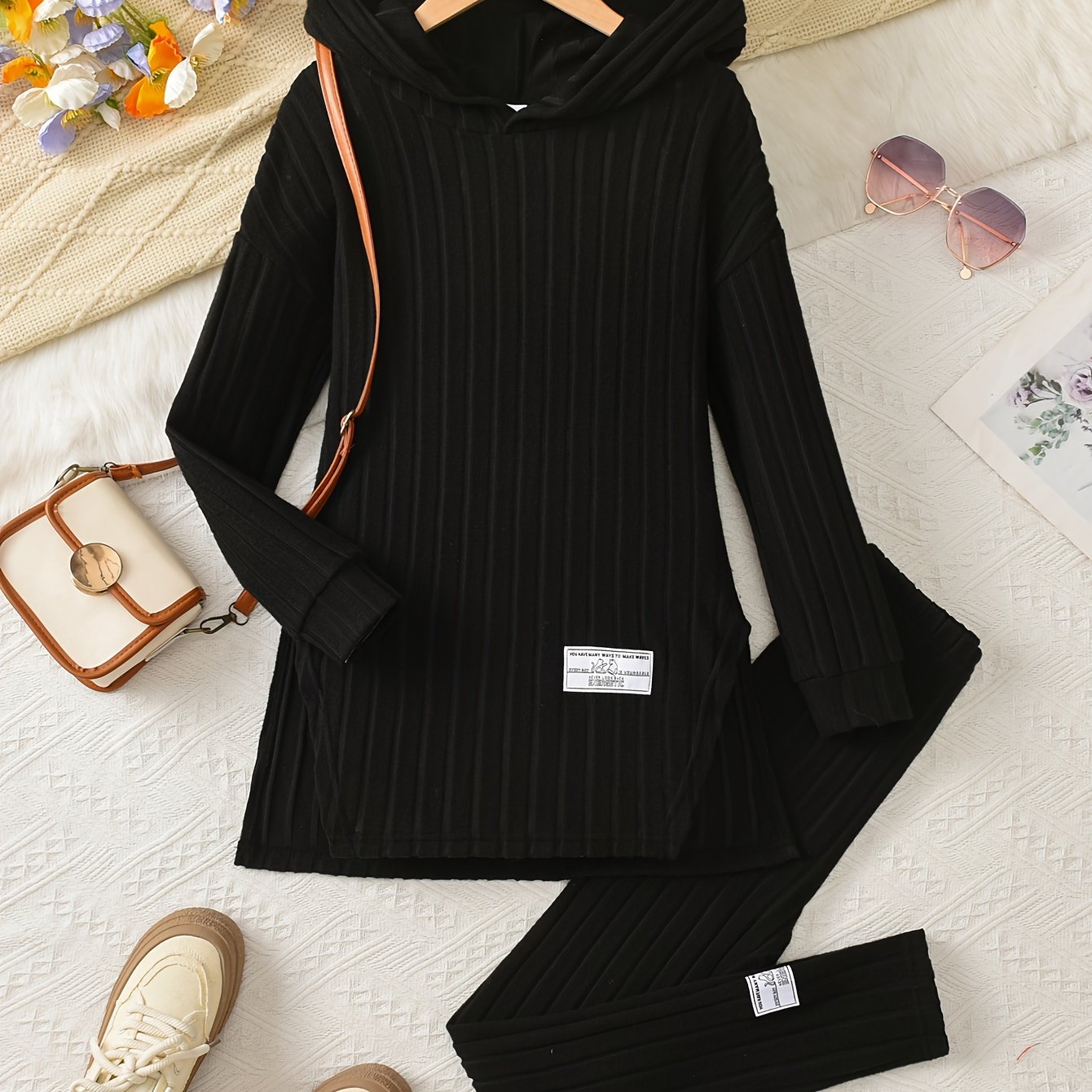 Girls' 2pcs Set, Long Brushed Solid Color Patch Hoodie Pullover And Elastic Waist Leggings, Girls' Autumn Winter Casual Set, Perfect For Outdoor