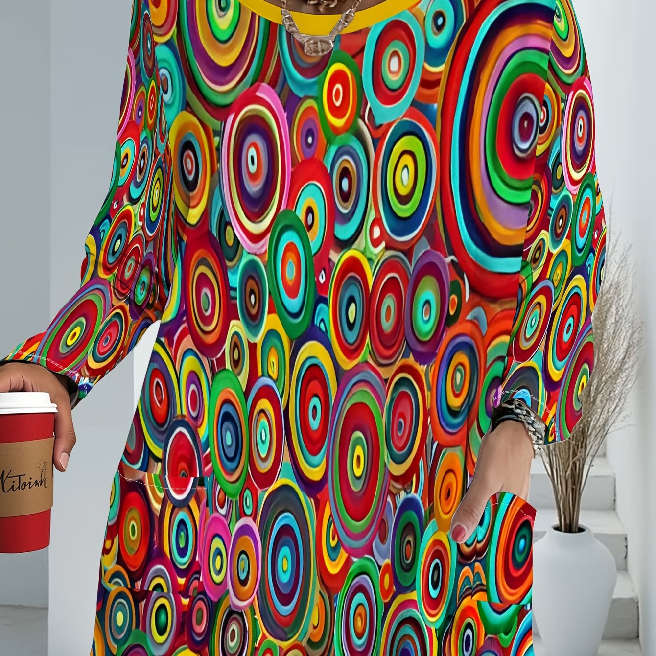 TEMU Women's Plus Size Oversized T-shirt With Pockets - Full-body Colorful Polka Dot Print Loose-fit Blouse Top, Round Neck Long Sleeve Casual Shirt