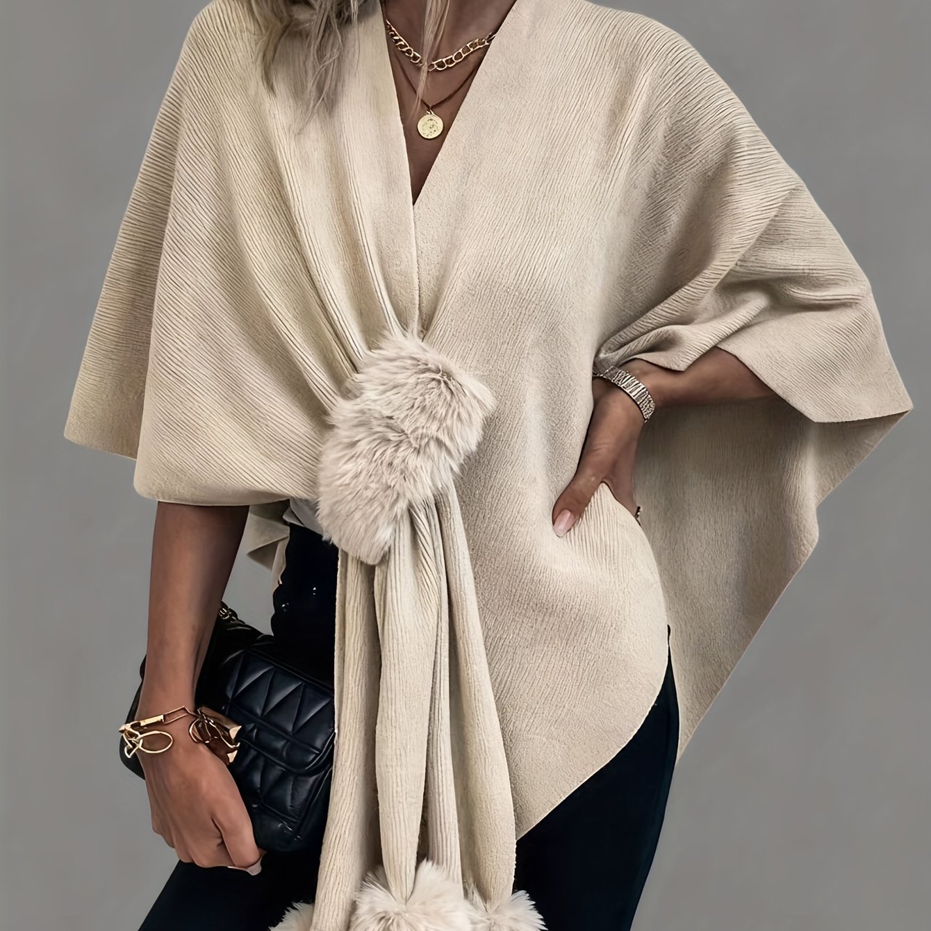 TEMU Plus Size - Plus Size - Solid Color Pom-pom Cape Sweater For Women, New Autumn And Winter 2025 European And American Cross-border Ladies' Shawl