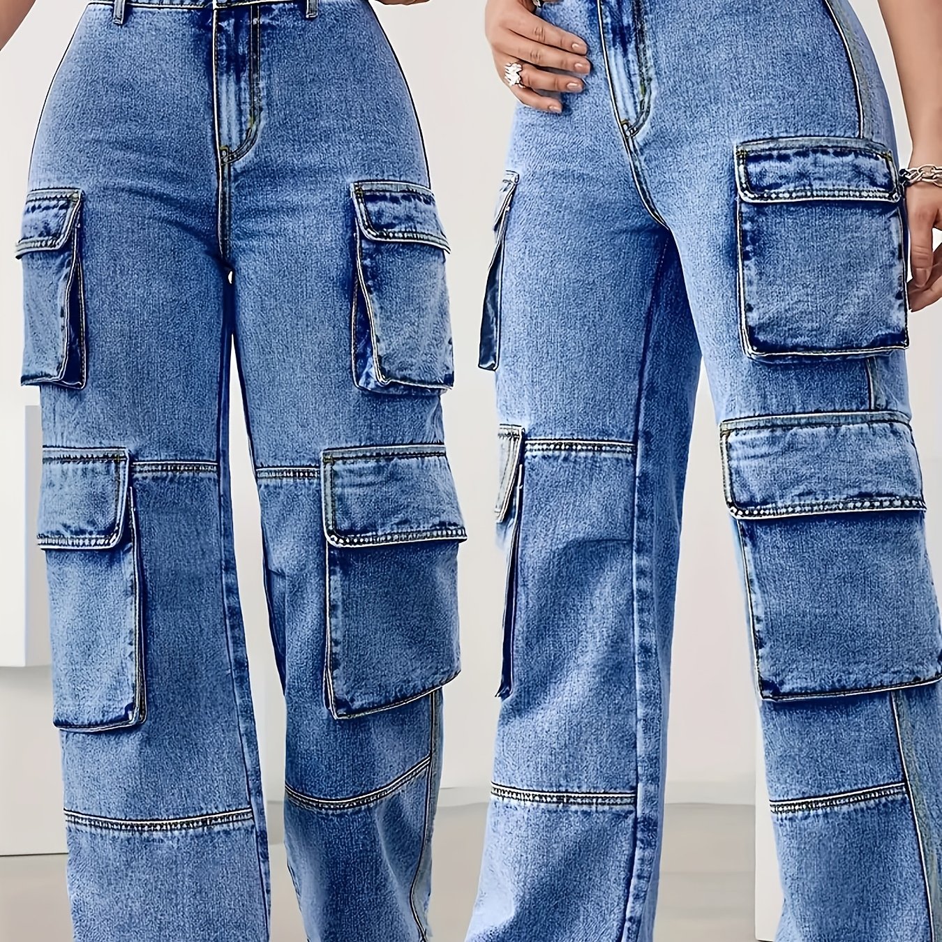 Mid-blue Stretch Cargo Pants Denim Jeans