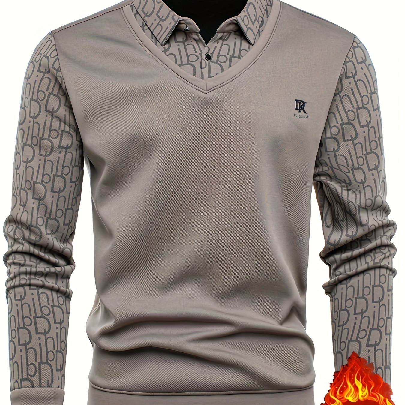 TEMU Autumn New Golf Shirt Fleece Lined Men's Long Sleeve Vest Design, Chest Rhinestone Letter Embellishment, Thin Striped Lining, Soft Warm Casual