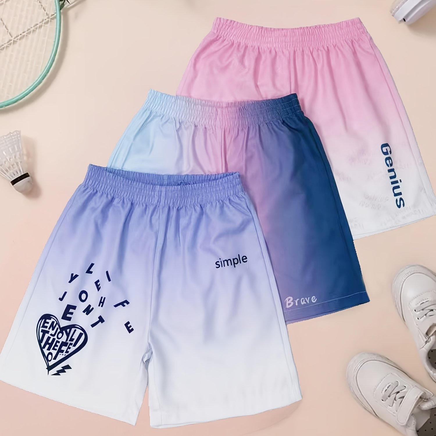 E-shop 3er-Pack Sommer-Freizeit-Shorts für Mädchen mit Farbverlauf im Sport-Stil, 100 % , nicht dehnbarer gewebter Stoff, reguläre Passform, geeignet