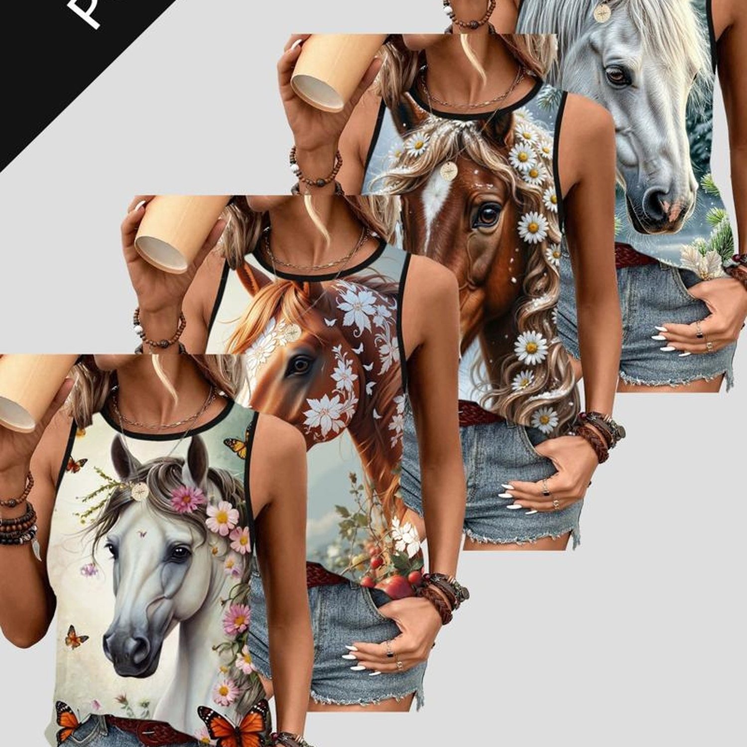 TEMU 4pcs Women's Casual Tank Top Set, Horse And , Material, Mixed Colors, Multiple Sizes , Nature-, Perfect For Daily Wear And