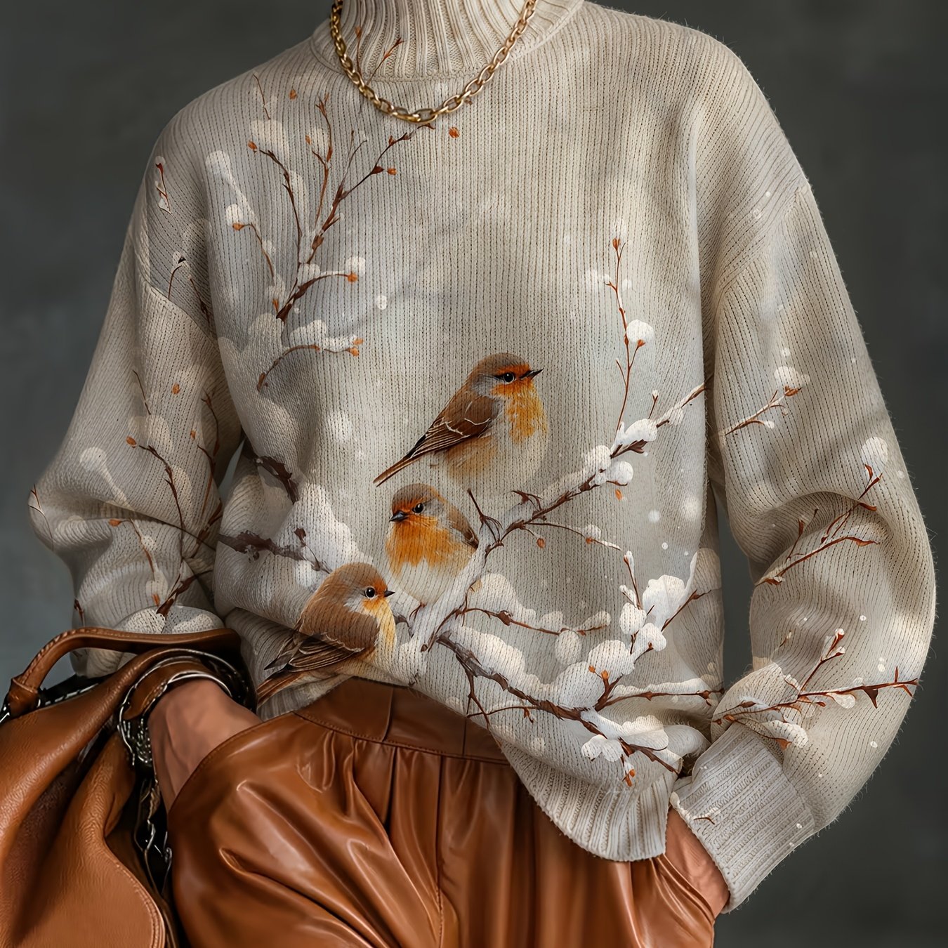 TEMU [2d Digital Printing] Women's Printed Sweater, Thick Long-sleeve High-neck Sweater, Soft Material, Warm And Comfortable, Suitable For Autumn And