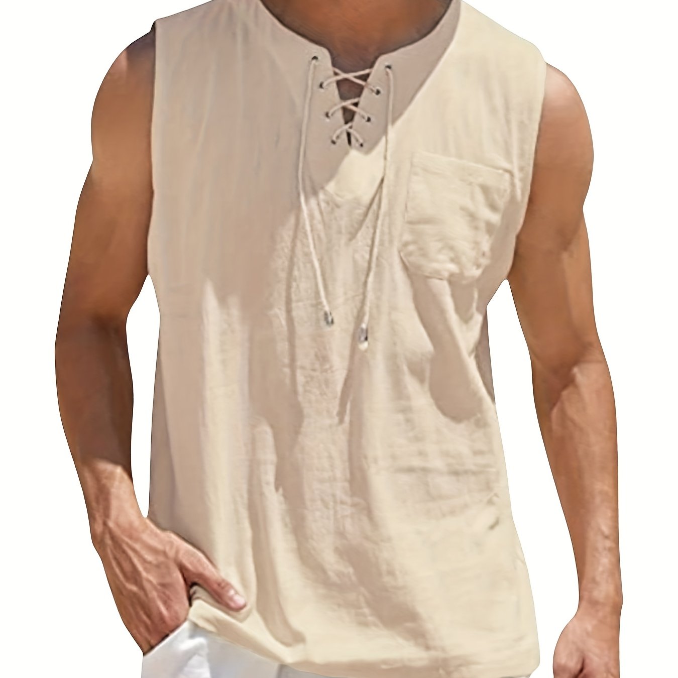 Image of Men's Casual Vest With Drawstring, V-neck, Fashionable Solid Color Loose , Lightweight And Breathable Vintage Sleeveless Shirt