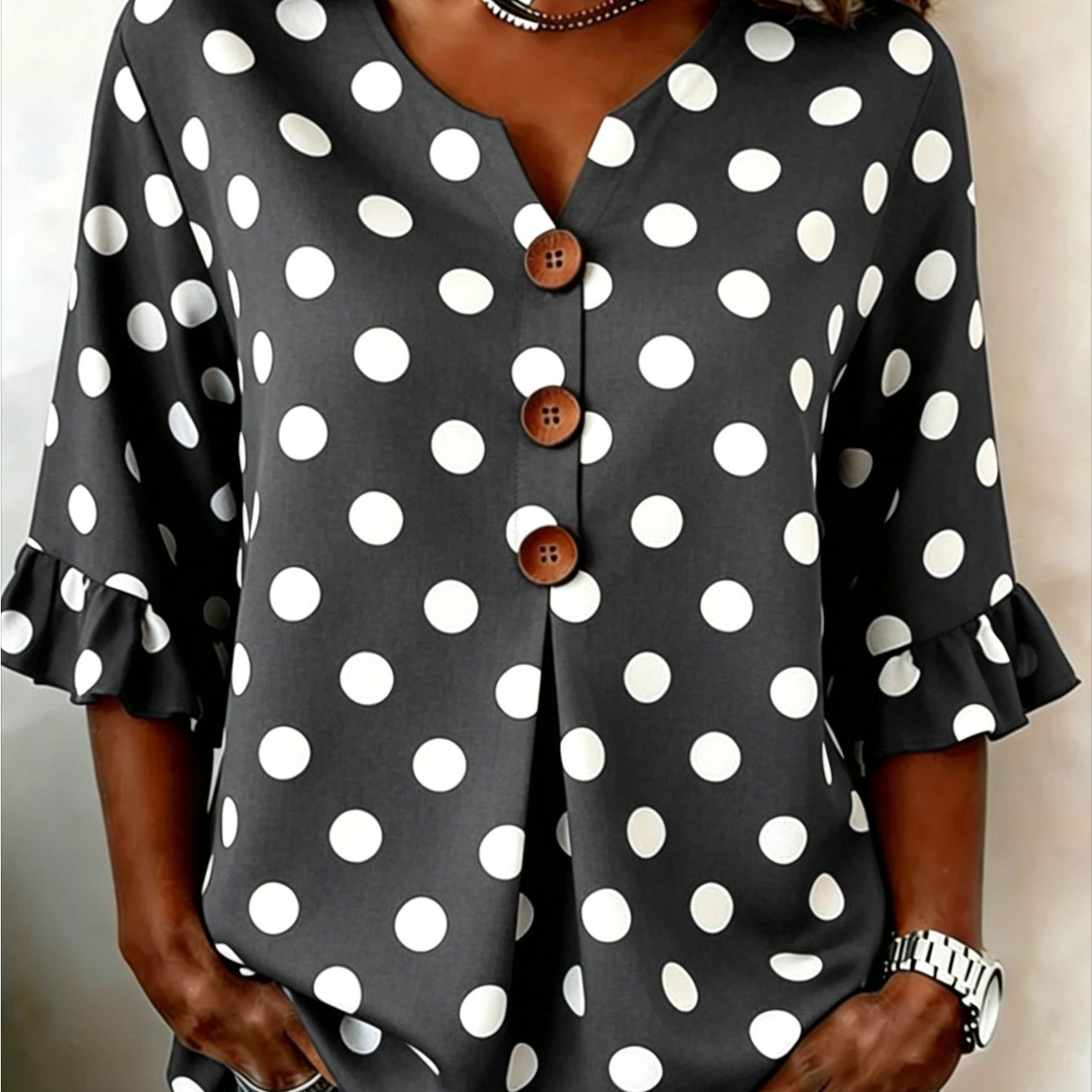 Plus Size, Plus Size Women's V-neck Button- Navy Polka Dot Printed Casual Top For Casual Attire, Perfect Gift For Mother, Sister Or Friend