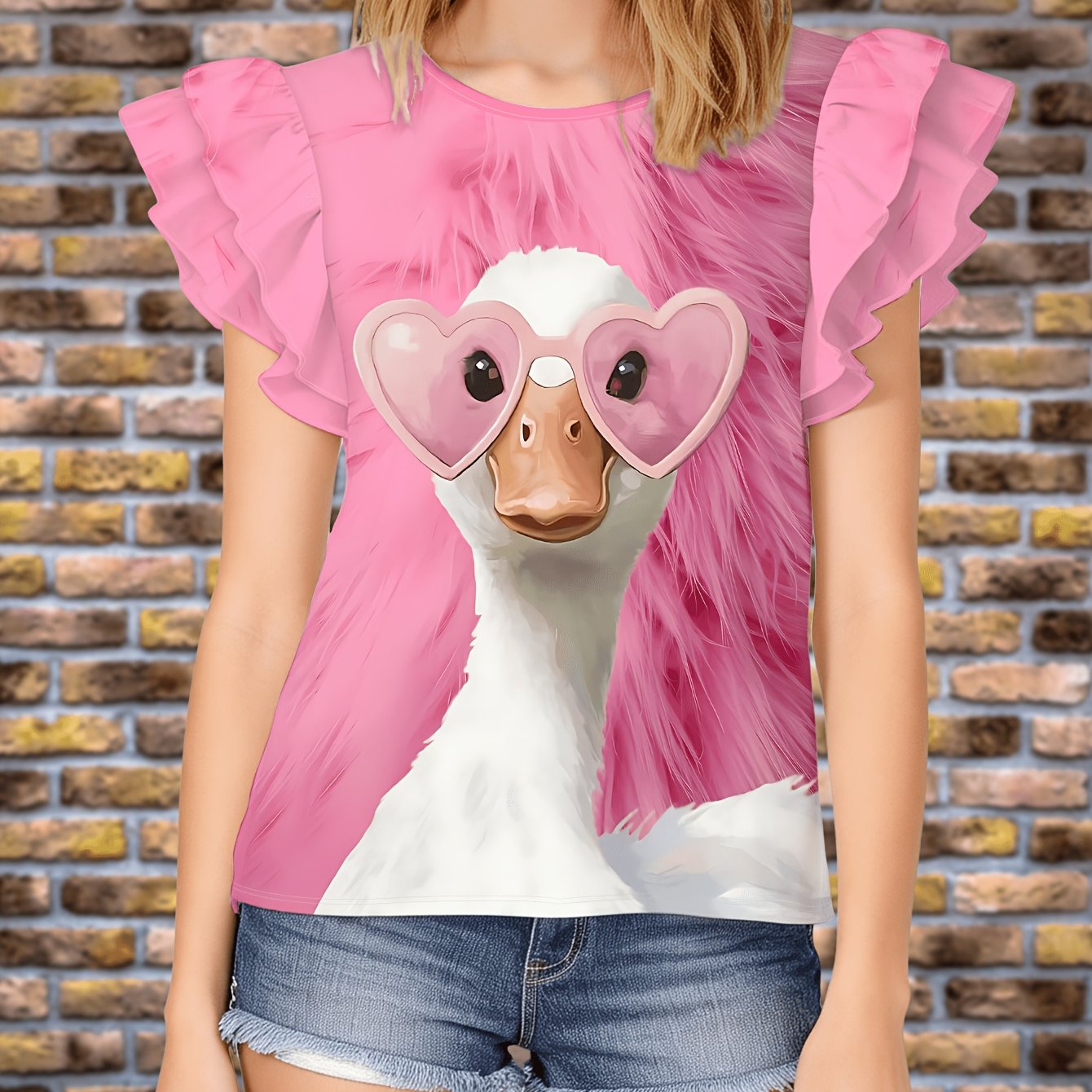 TEMU Damen modisches Freizeit-T-Shirt, süßer & cooler rosa Plüsch-Herz-Gänse-Aufdruck mit rosa Untergrund Herz-Modebrille, rosa Rüschen-Umrandung,