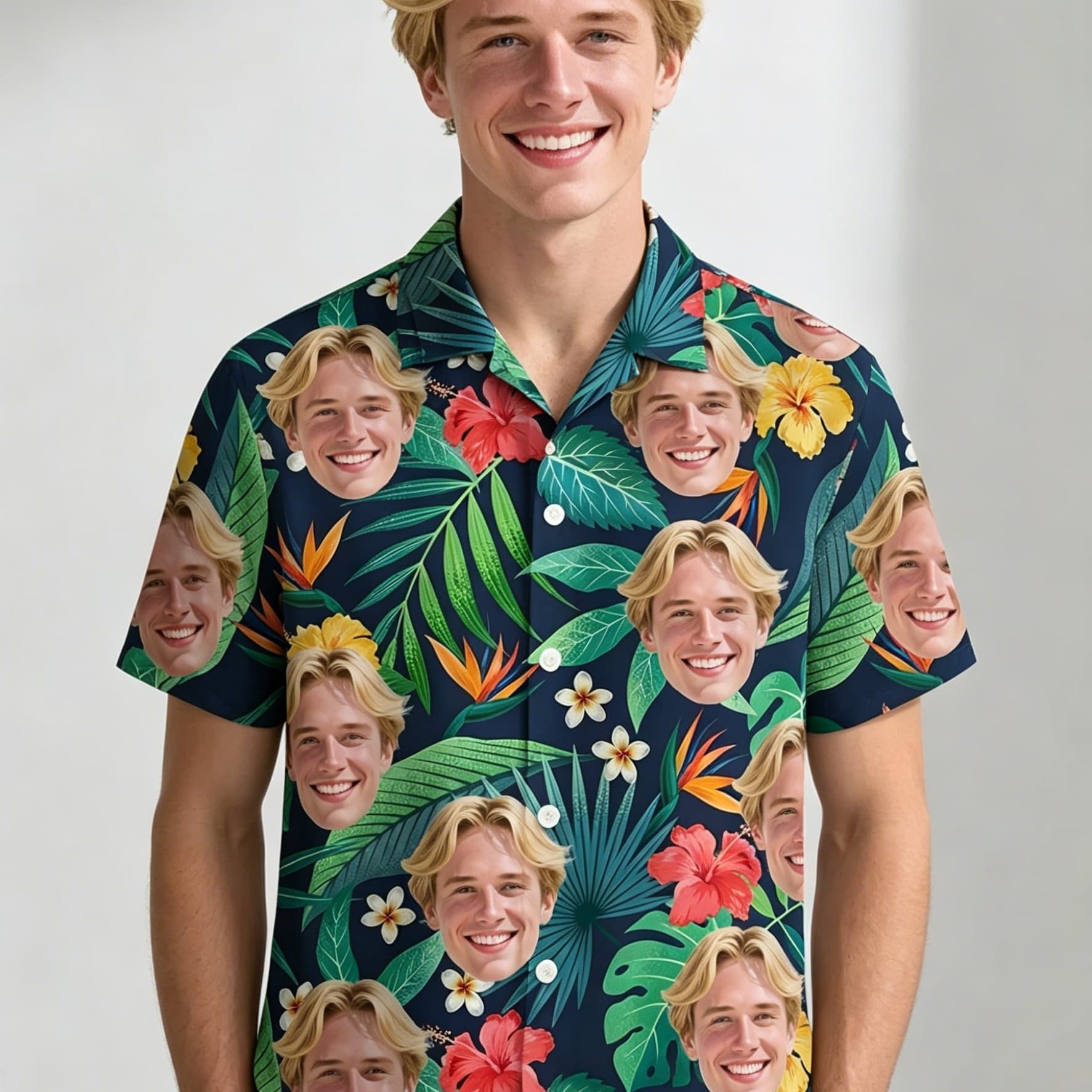 TEMU Custom Photo Hawaiian Short-sleeved Casual Shirt, Personalized Tropical Pattern, Trendy Top