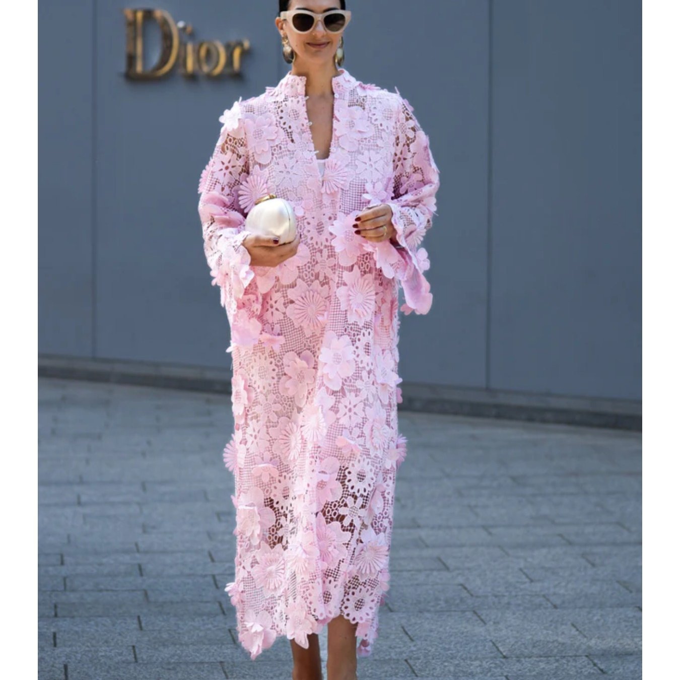 elegant pink 3d floral lace maxi dress with hollow out crochet v neck belted line gown   guest dress suitable for gala prom special occasions machine washable long sleeve party dress