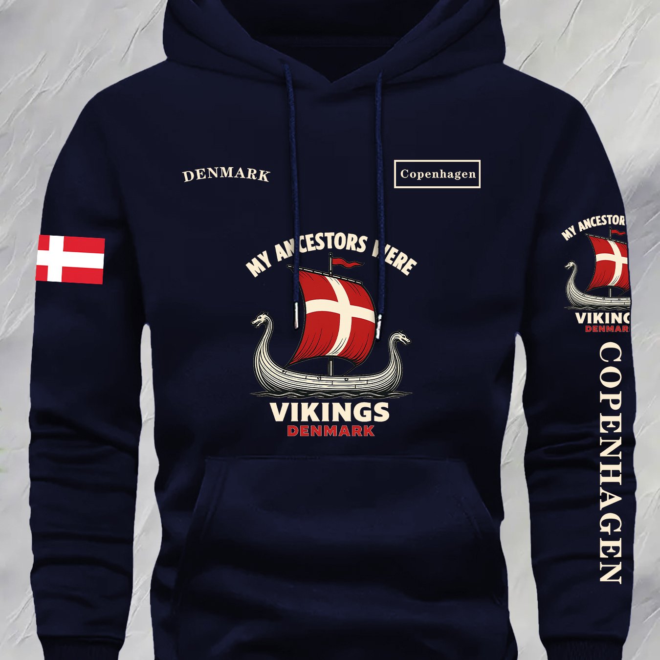 TEMU Men's Royal Blue Viking Graphic Hoodie - "my " Design With Nordic Flag, Pockets, And "copenhagen" Text - Casual Fall/winter Pullover
