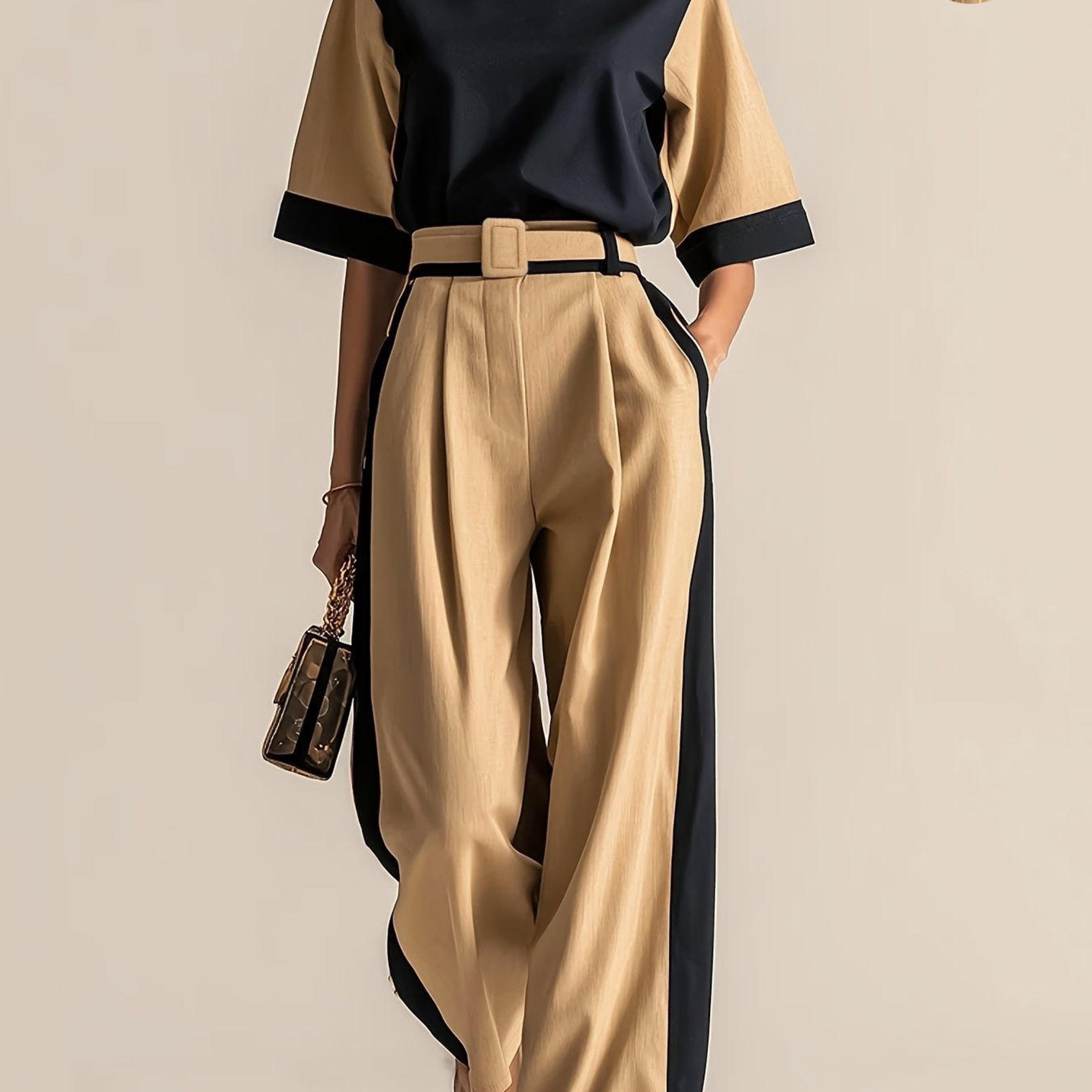 TEMU Elegant Vintage-style Contrast Color Short Sleeve T-shirt And Wide-leg Pants Set