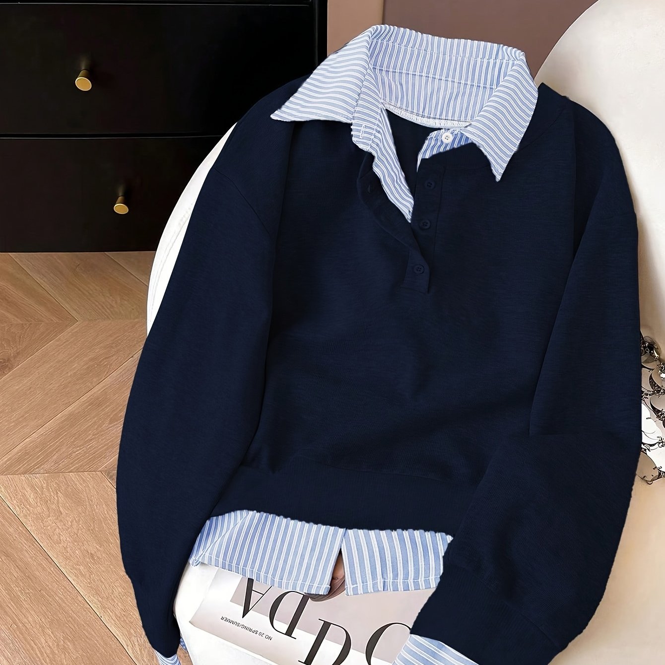 TEMU 2-in-1 Look Striped Lapel Sweatshirt For Women, Navy Blue Half-button Loose Fit Spliced Striped Hem Long Sleeve Top