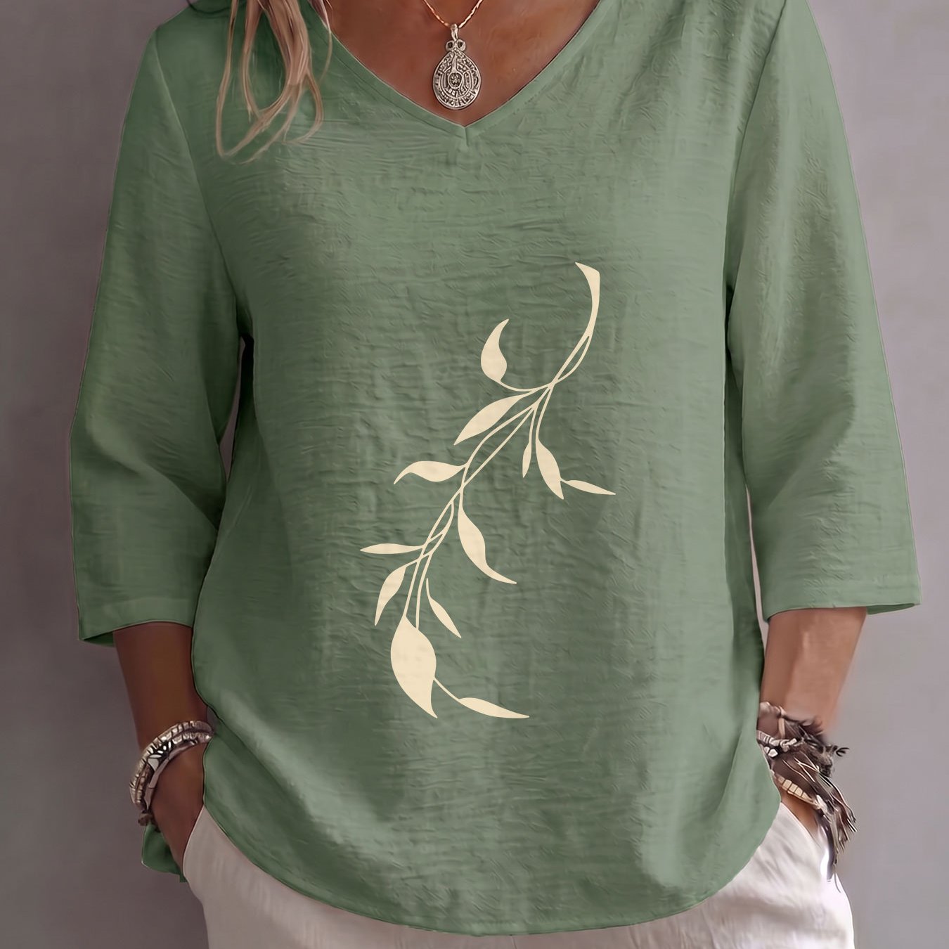 TEMU Spring/summer Elegant Casual Women's Top, , Branch And Leaf Print, Loose V-neck Three-quarter Sleeve Dress