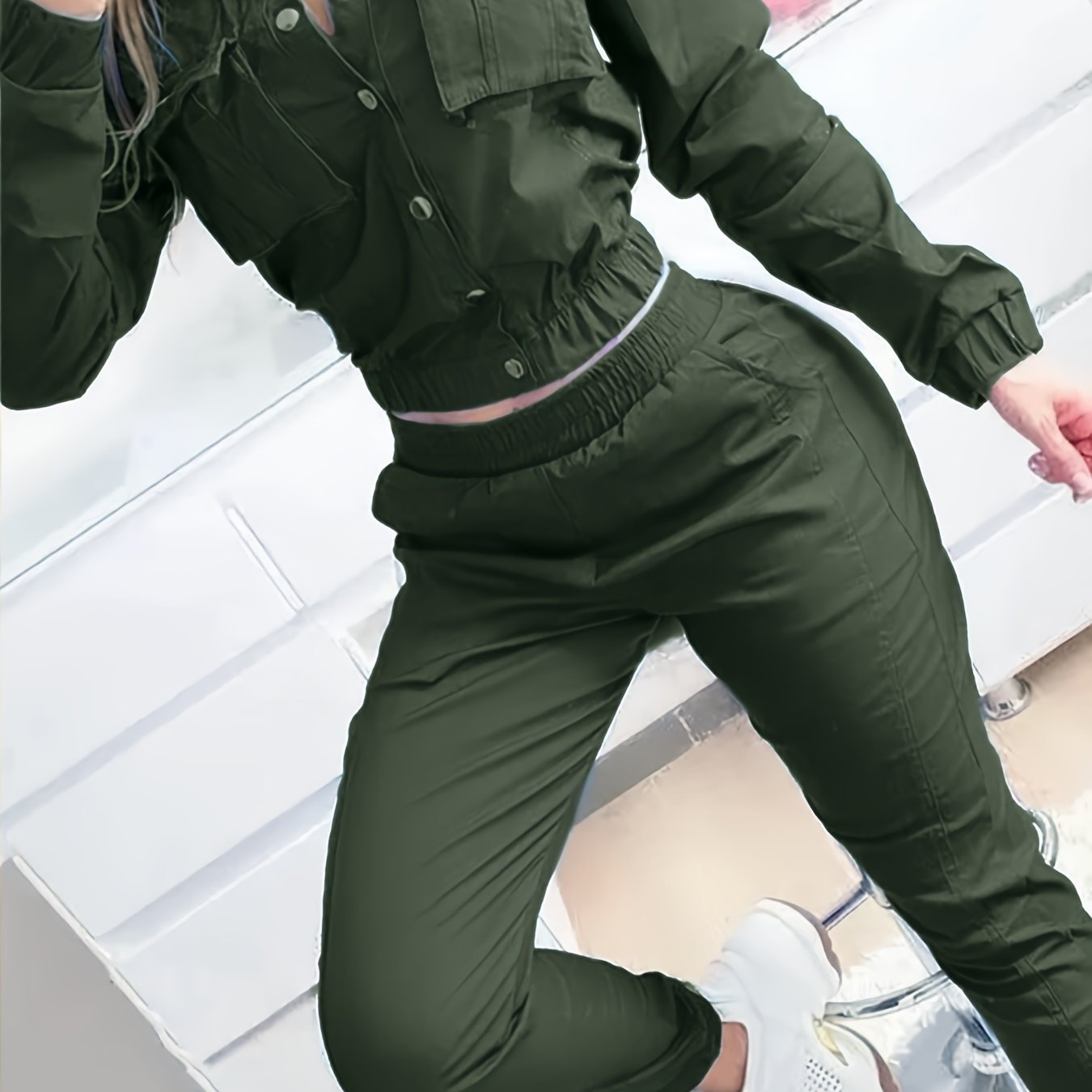 Casual Solid Two-piece Set, Button Front Pocket Long Sleeve Top & Elastic  Waist Joggers Outfits, Women's Clothing