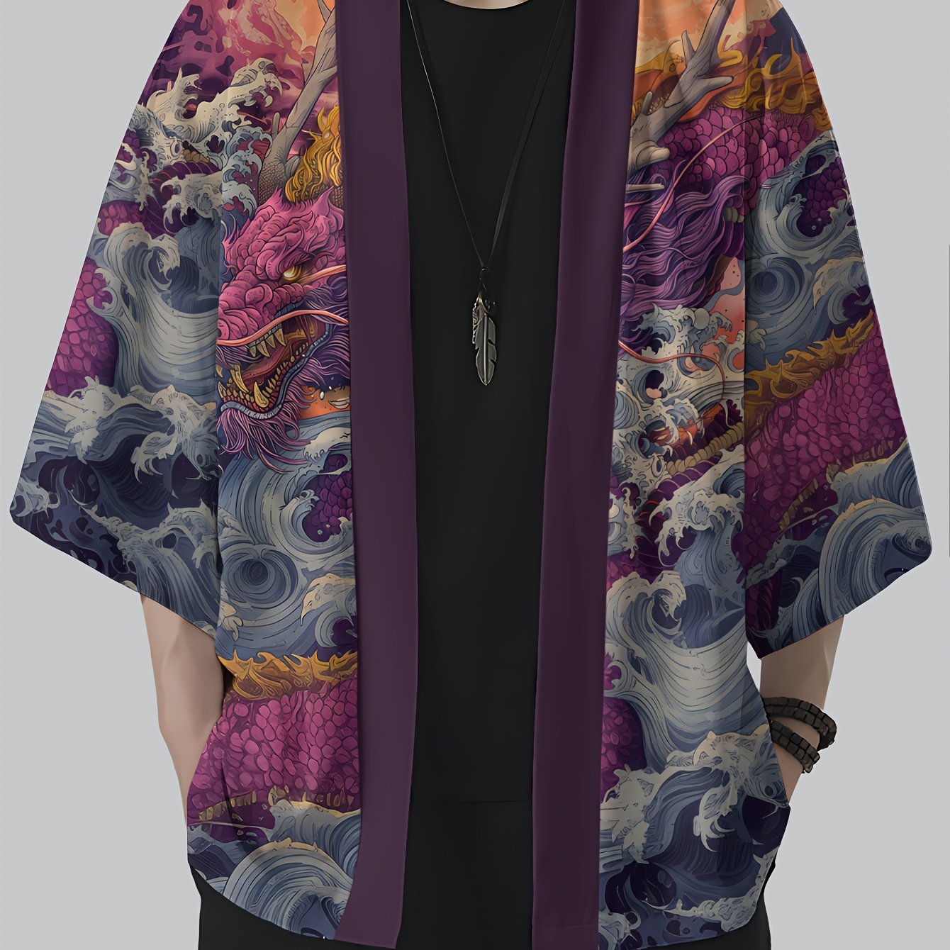 TEMU Men's Breathable Kimono Beach Shirt Featuring Dragon And Swirl Designs, Casual Summer Robe Made Of Fabric With Short Sleeves, Relaxed Beachwear,
