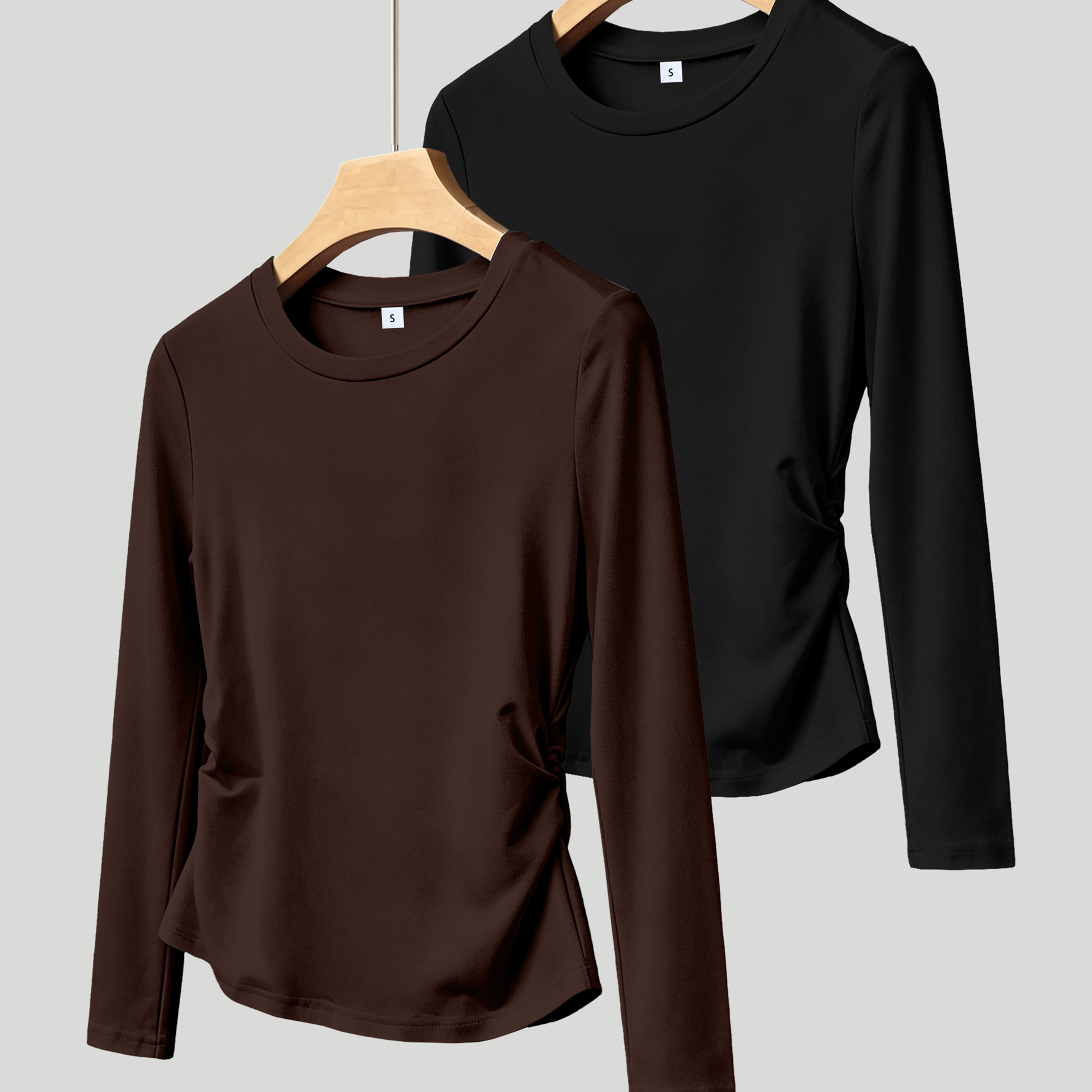 TEMU 2pcs Women's Fashionable Trendy Round Neck Casual Slim-fit Long Sleeve Shirred Hem T-shirt, In Multiple Colors, Suitable For Autumn And Winter