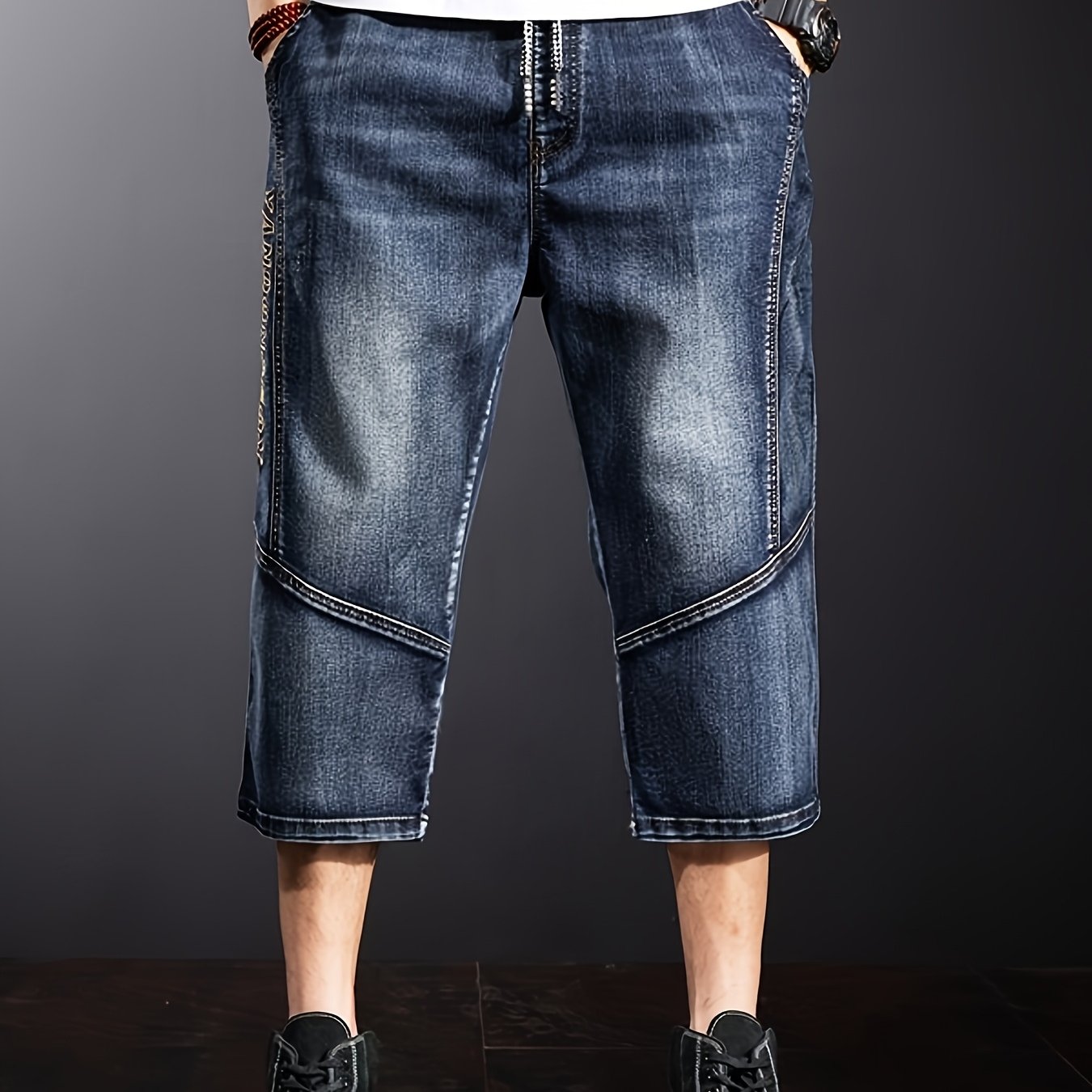 Image of Men's Elastic Waist Denim Cropped Pants, Loose And Elastic Stitching With Embroidery, , Loose Cut, Straight-cut Trousers Suitable For
