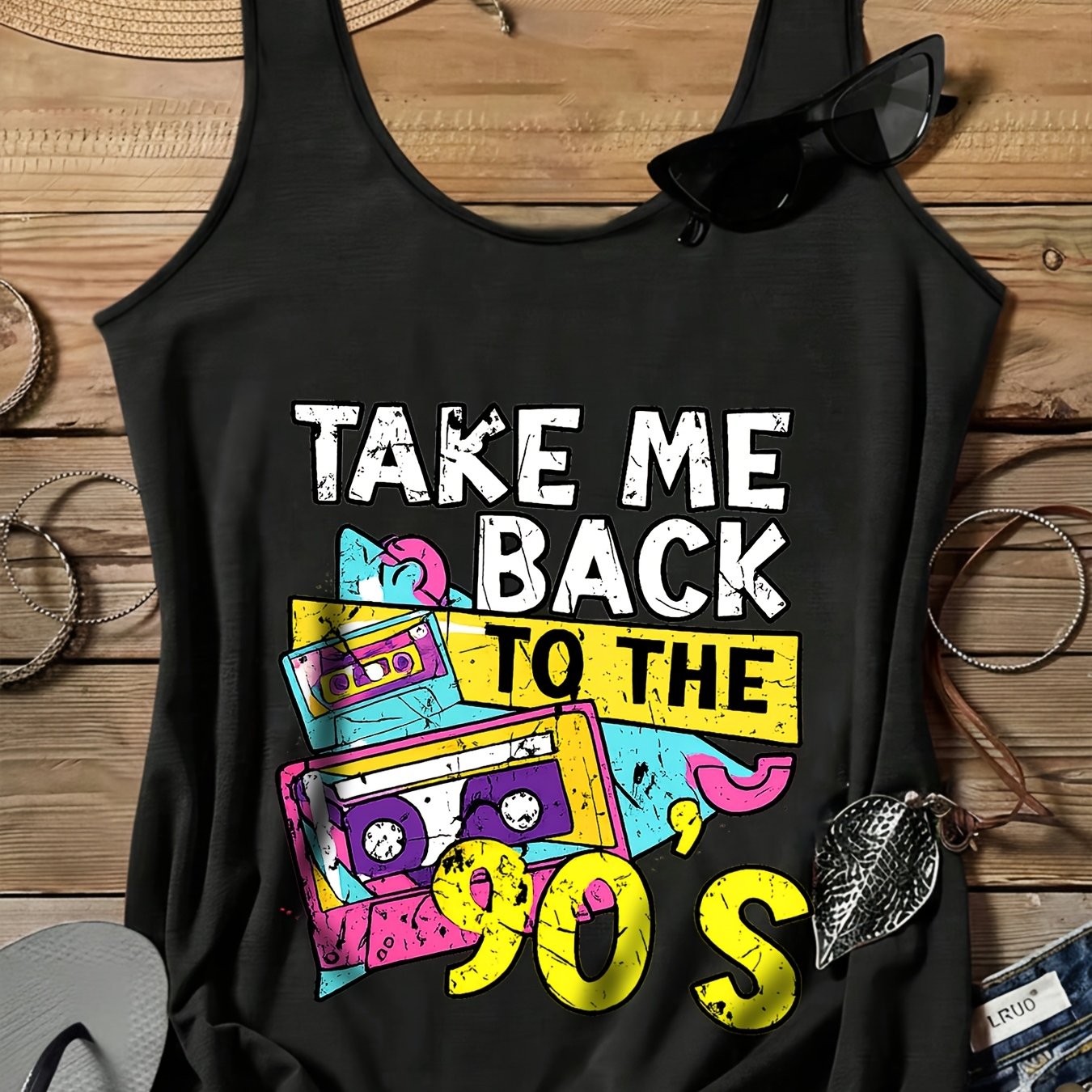 TEMU Women's Retro 90s Cassette Tape Print Sleeveless Vest, " Back To The 90s" Nostalgic Y2k Street Style Loose Cami Top, Casual Summer Daily Wear /