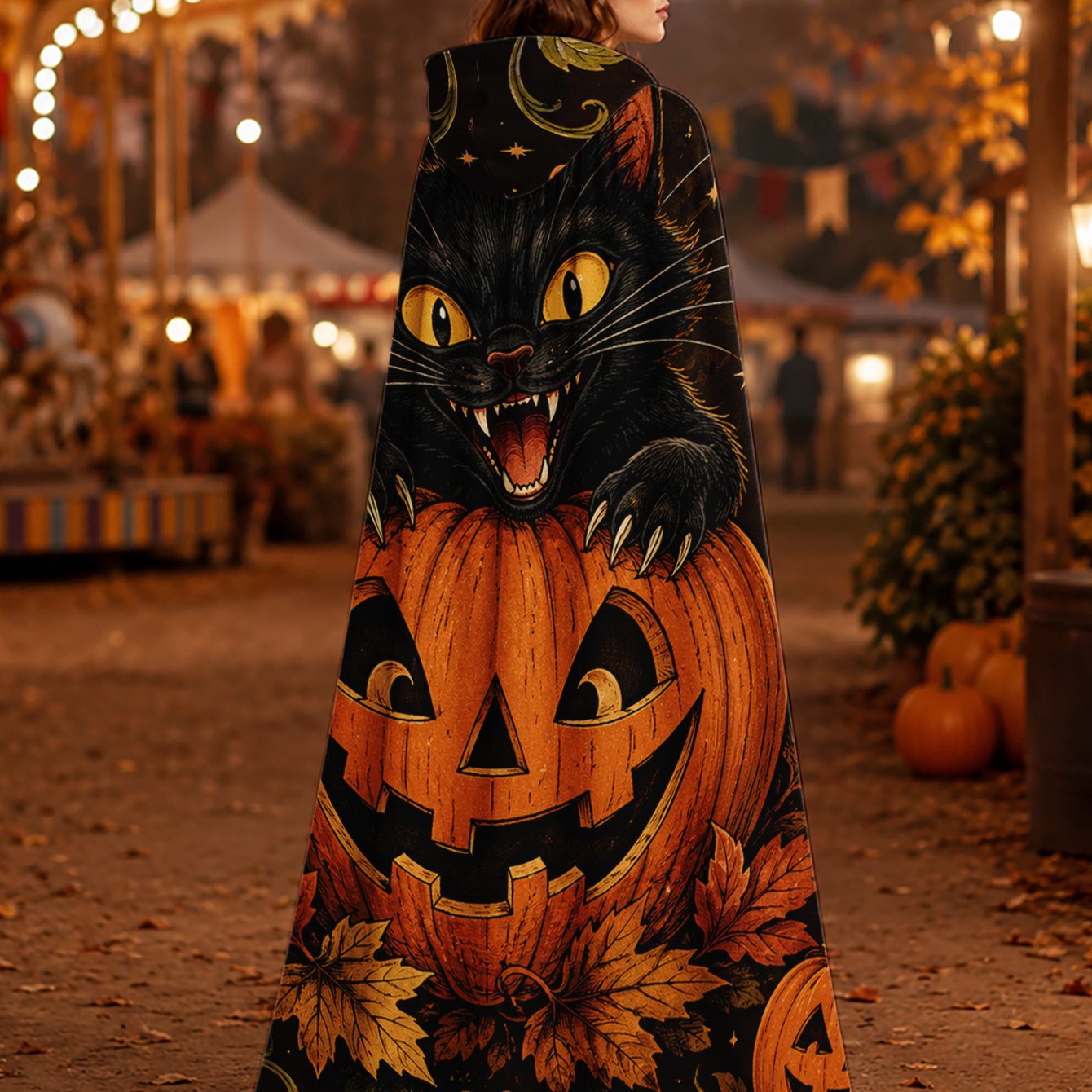 TEMU Cape-peignoir à capuche pour adulte, 1 pièce - Cape à capuche avec imprimé citrouille noire et orange, convient pour d'Halloween, robe de , cape
