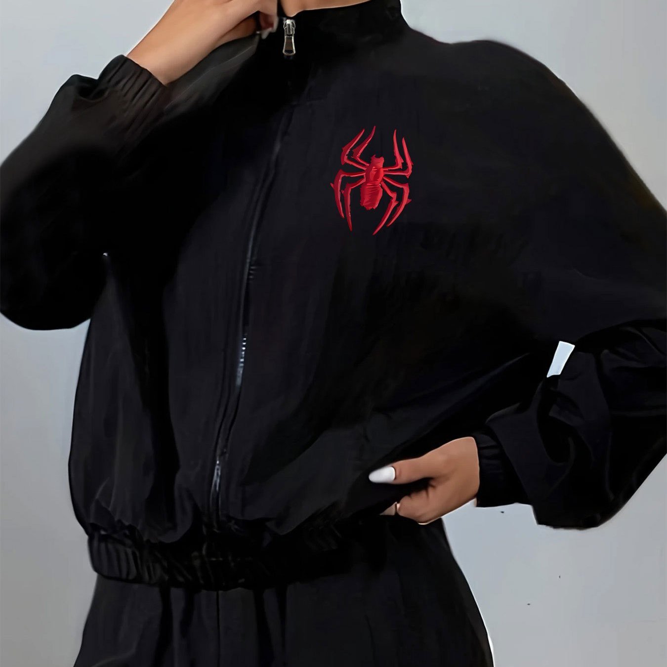 TEMU 1pc Hot Must-have Short Jacket, European And Collar With Zipper, Red Spider Print On , Loose Fit Casual Sporty Style Women's Jacket