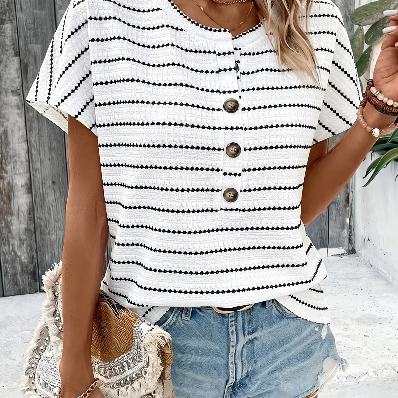 Image of Women's Striped Round-neck Batwing Sleeve Button-front Textured Jacquard Regular-length Top, Medium Stretch, Loose Fit, Short-sleeved T-shirt Suitable For Daily Wear